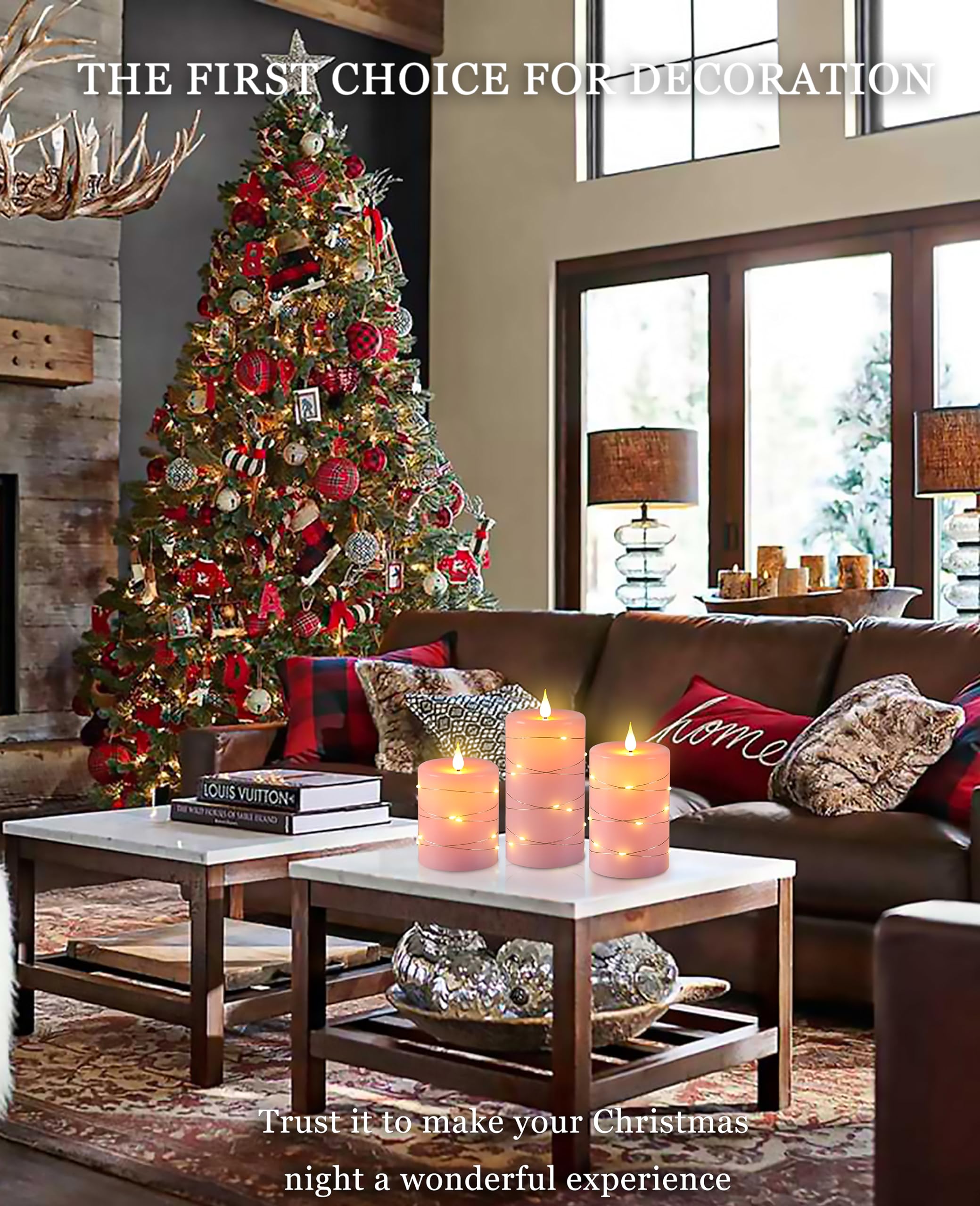 Fanzir Pink Flameless Candles With String Lights Battery Operated Flickering Led Pillar Candles 4? 5? 6? Candle With Remote Cont