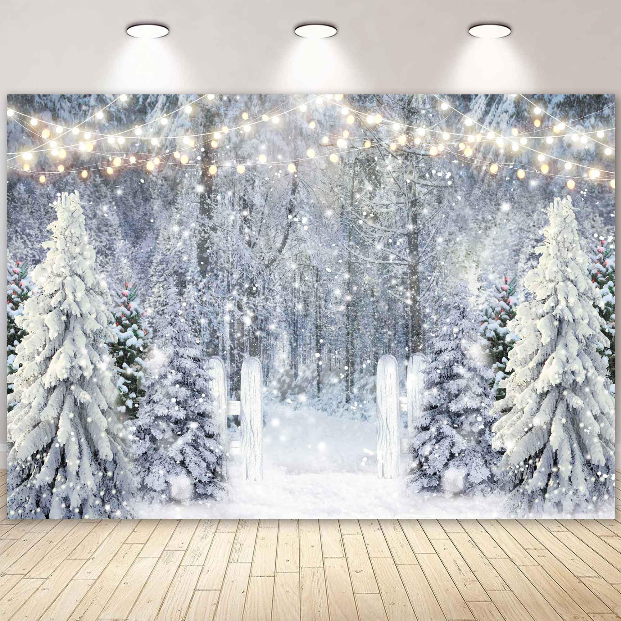 Livucee 10X8Ft Polyester Fabric Winter White Snowy Forest Backdrop For Photography Christmas Glitter Wonderland Nature Xmas Tree