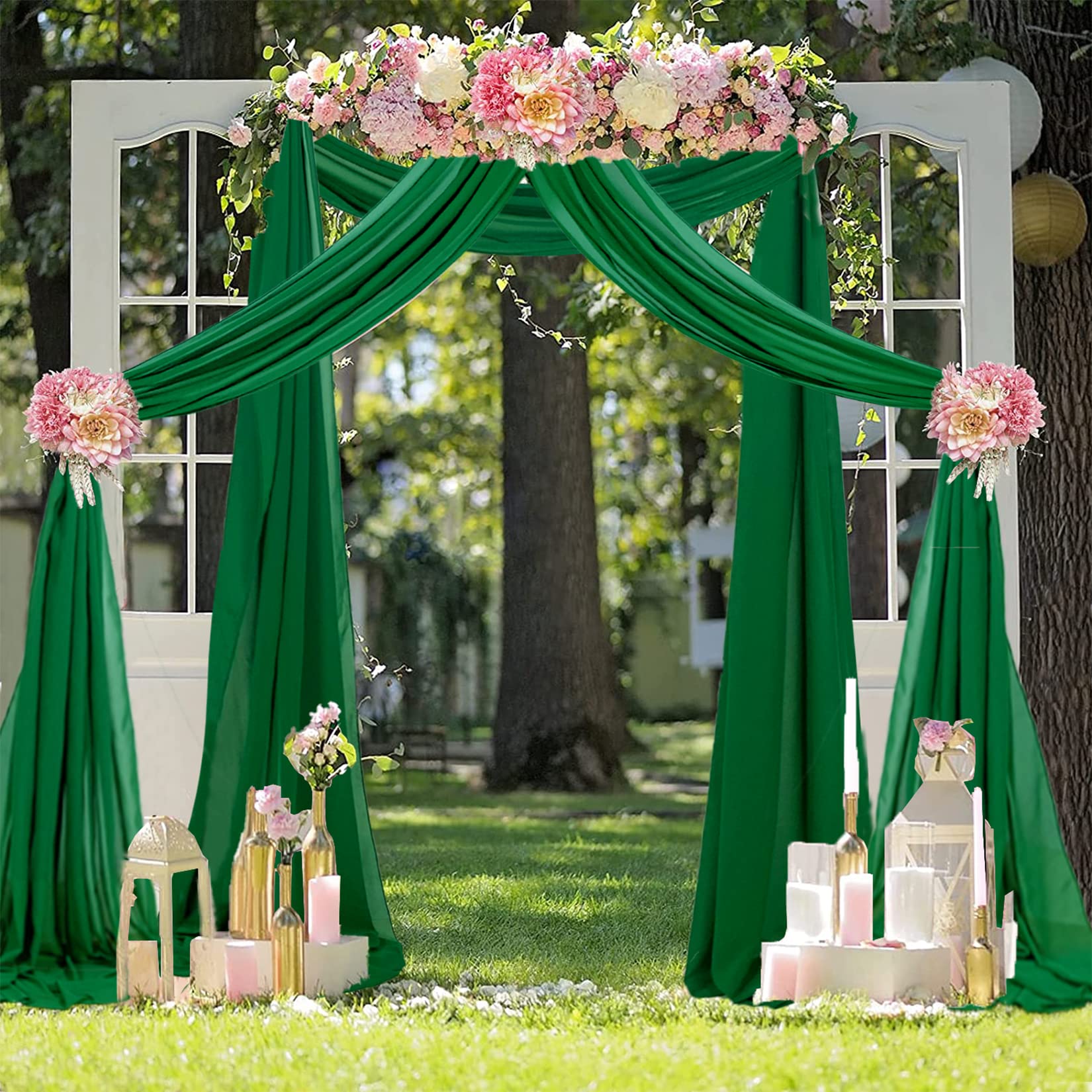 Fuhsy Wedding Arch Draping Fabric 18Ft 2 Panels Emerald Green Chiffon Fabric Drapery Sheer Curtains For Backdrop Green Drapes Tu