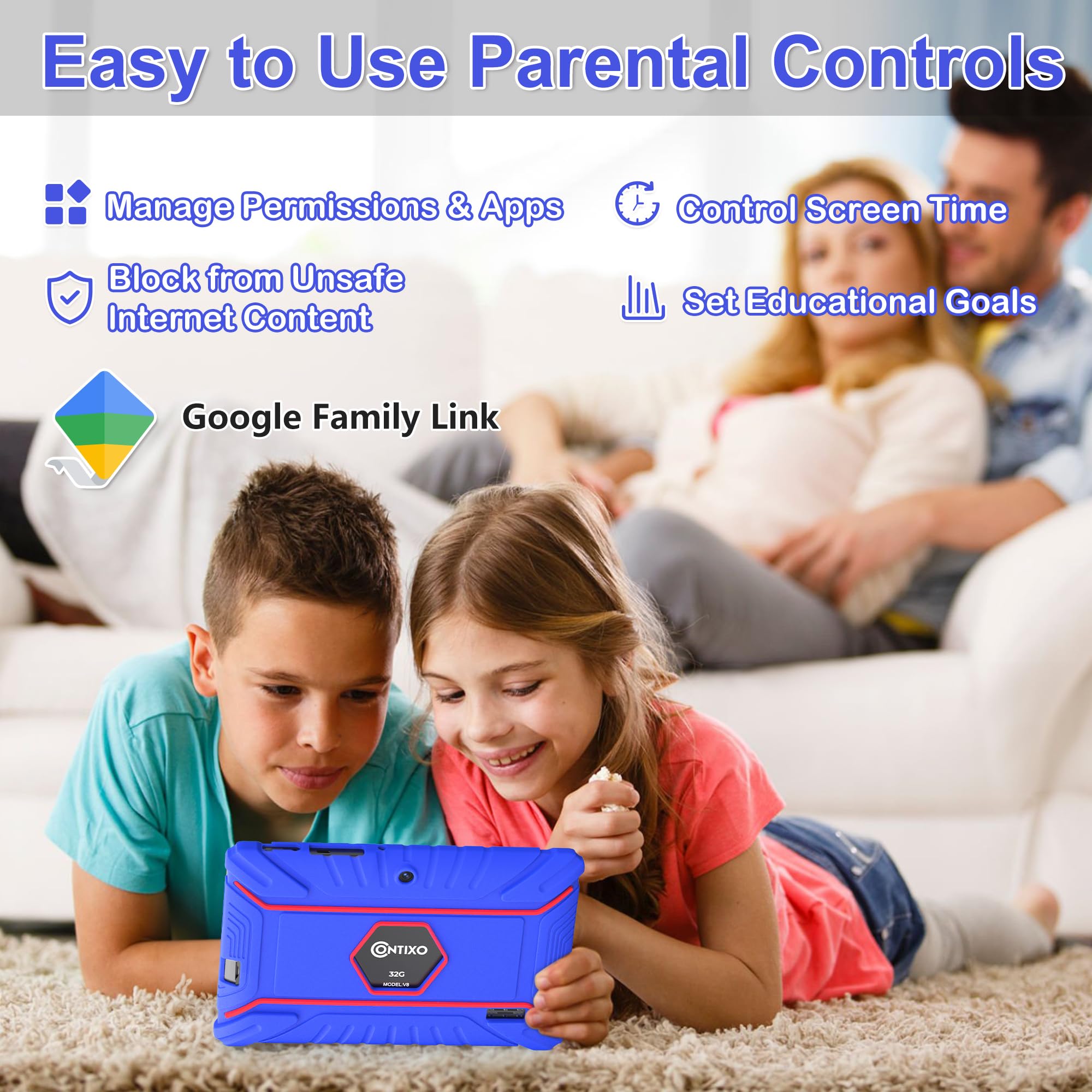 Contixo Kids Tablet V8, 7 Inch Hd, Ages 3 7, Toddler Tablet With Camera, Parental Control   Android 8.1 Go, 16Gb, Wifi, Learning Tablet For Kids, Dkblue