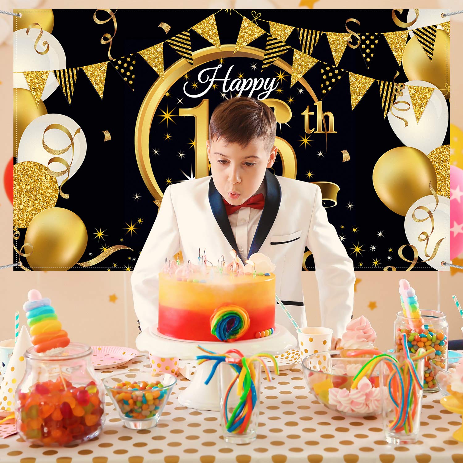 Blulu Birthday Party Decoration Extra Large Fabric Black Gold Sign Poster For Anniversary Photo Booth Backdrop Background Banner