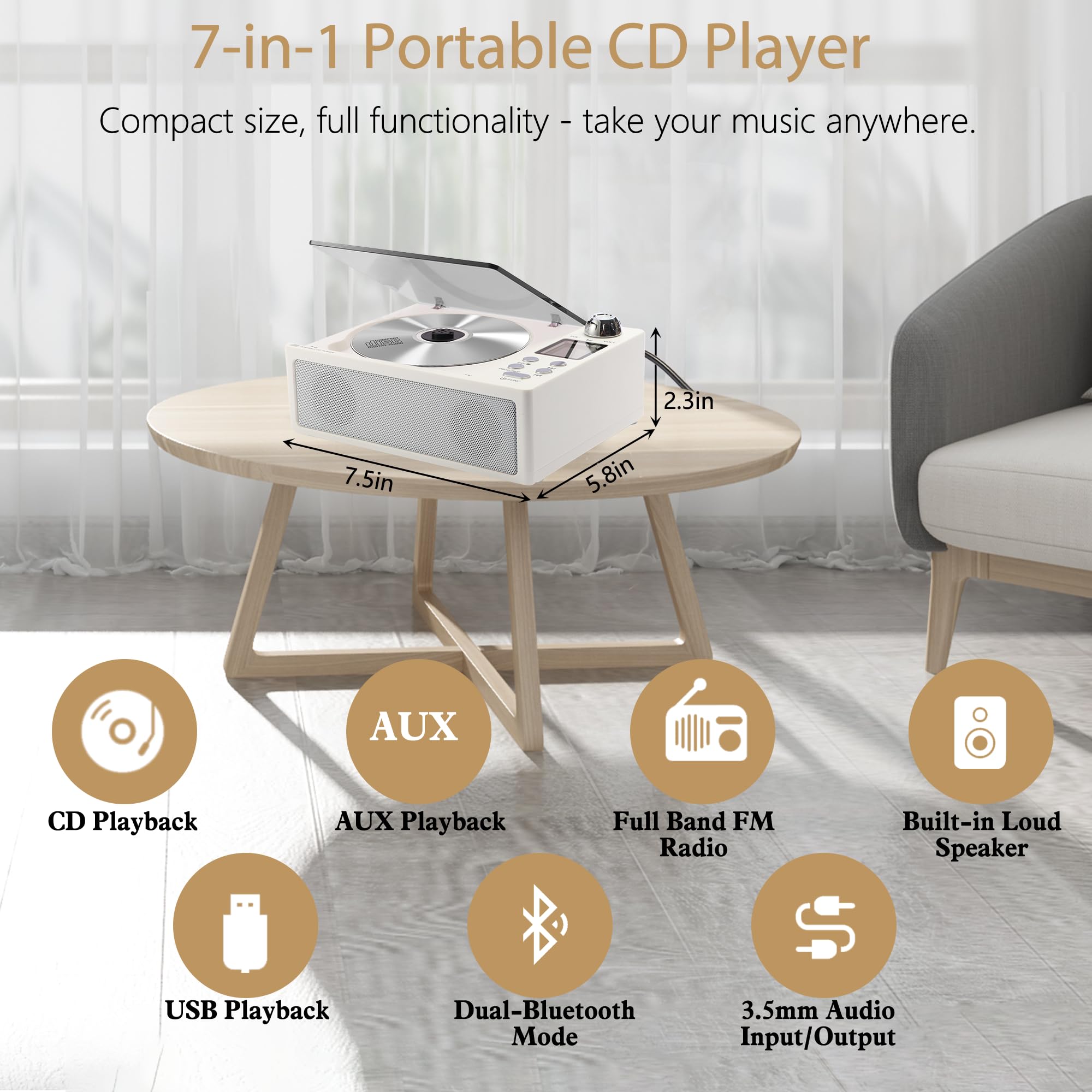 M-Amazup Cd Player Portable, Desktop Cd Players For Home With Cable And Adapter, Dual Speakers, Support Opt/Usb/Tf Card/Aux/Fm W