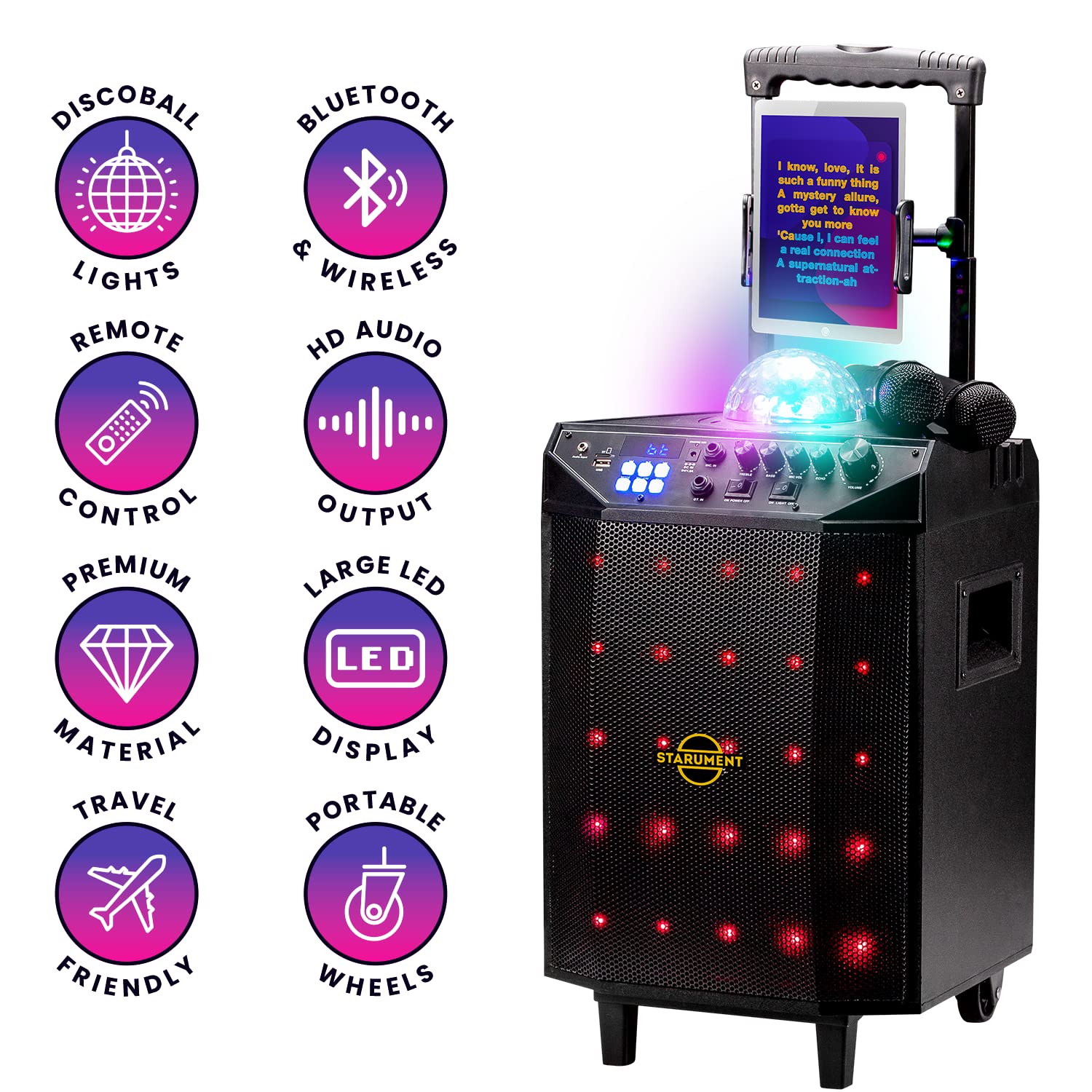 Starument Portable Karaoke Machine For Adults & Kids Complete Karaoke System Includes Bluetooth Speakers On Wheels, 2 Bluetooth