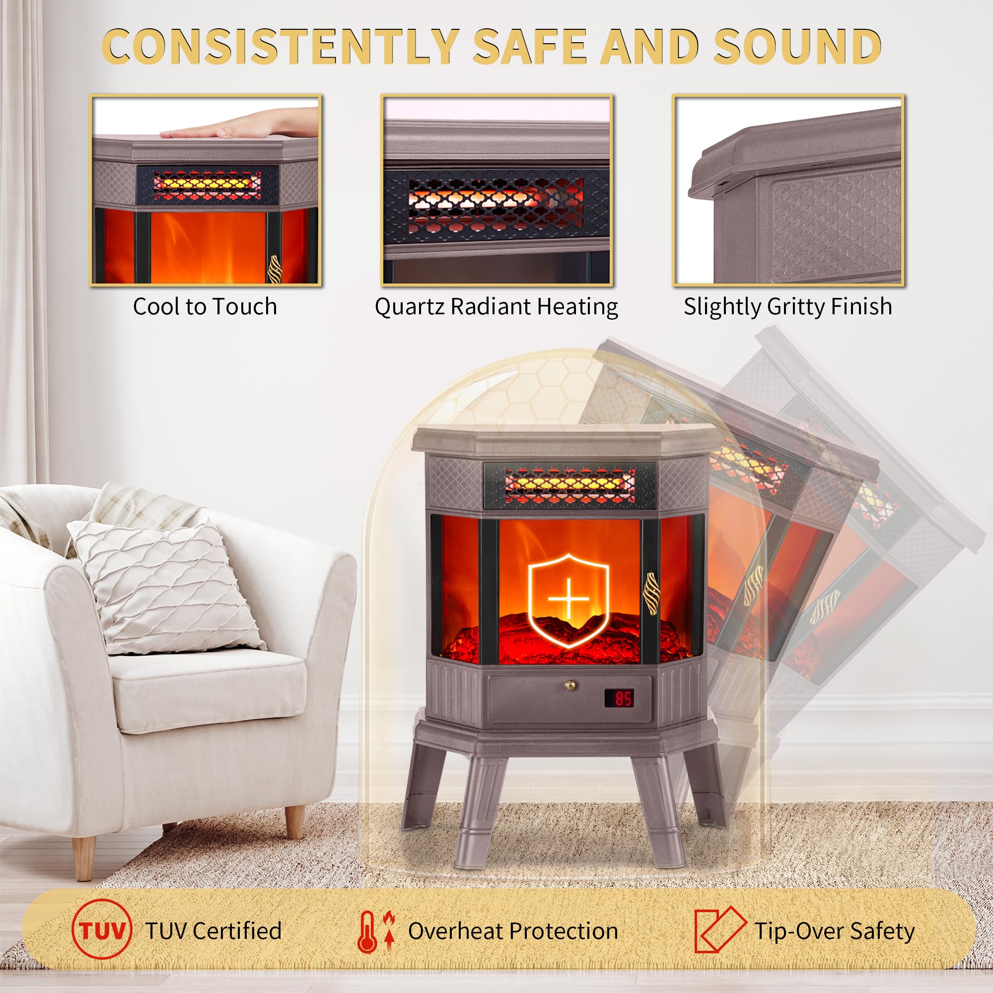 Realsmart Electric Fireplace Heater 22 In Freestanding Fireplace Stove Infrared Fireplace With 3D Flame Effect Remote Control, T