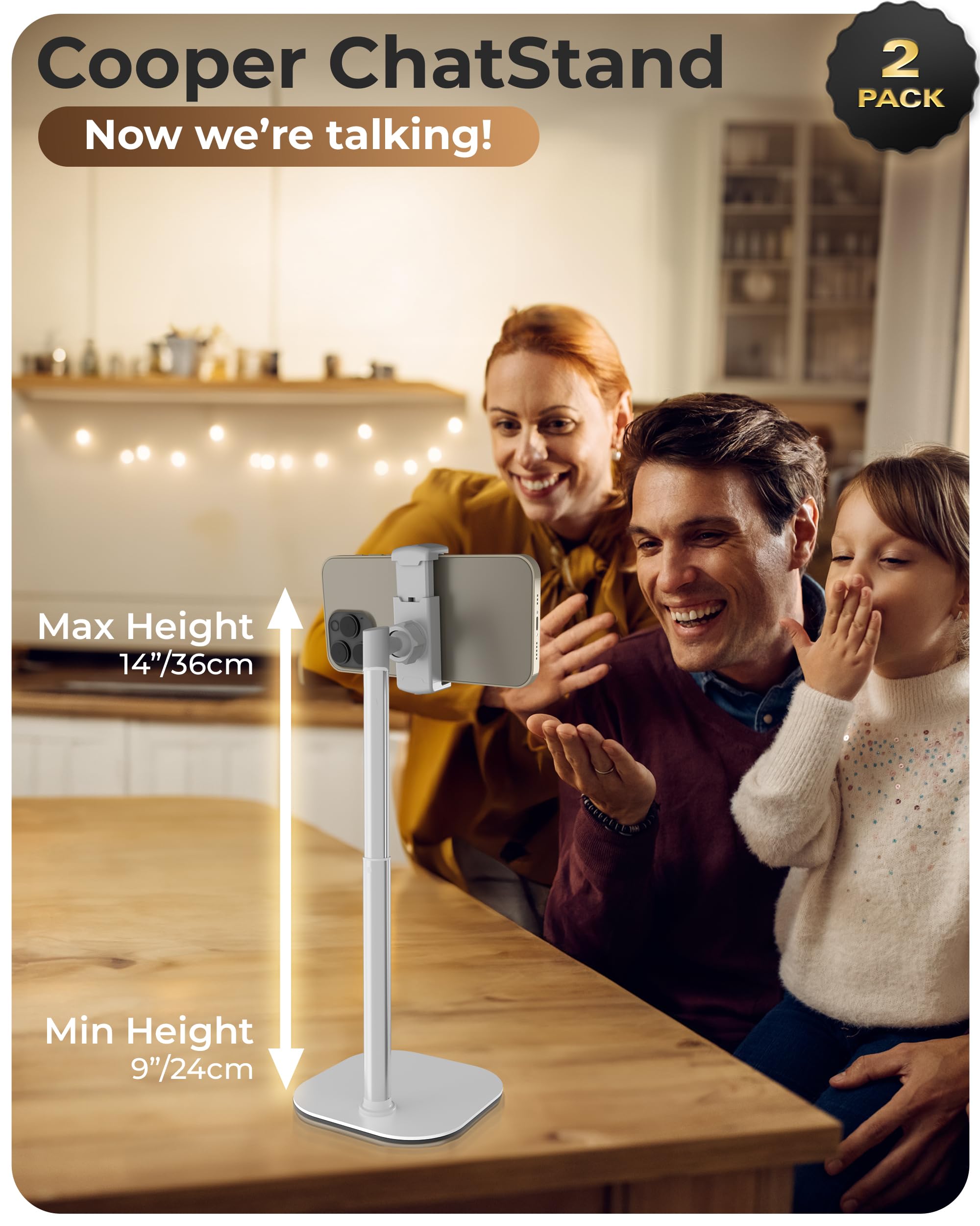 Cooper Chatstand 2 Pack   Height Adjustable Cell Phone Stand For Desk | Rotating, Tilting, 9 14'' Telescoping Eye Level View Cel
