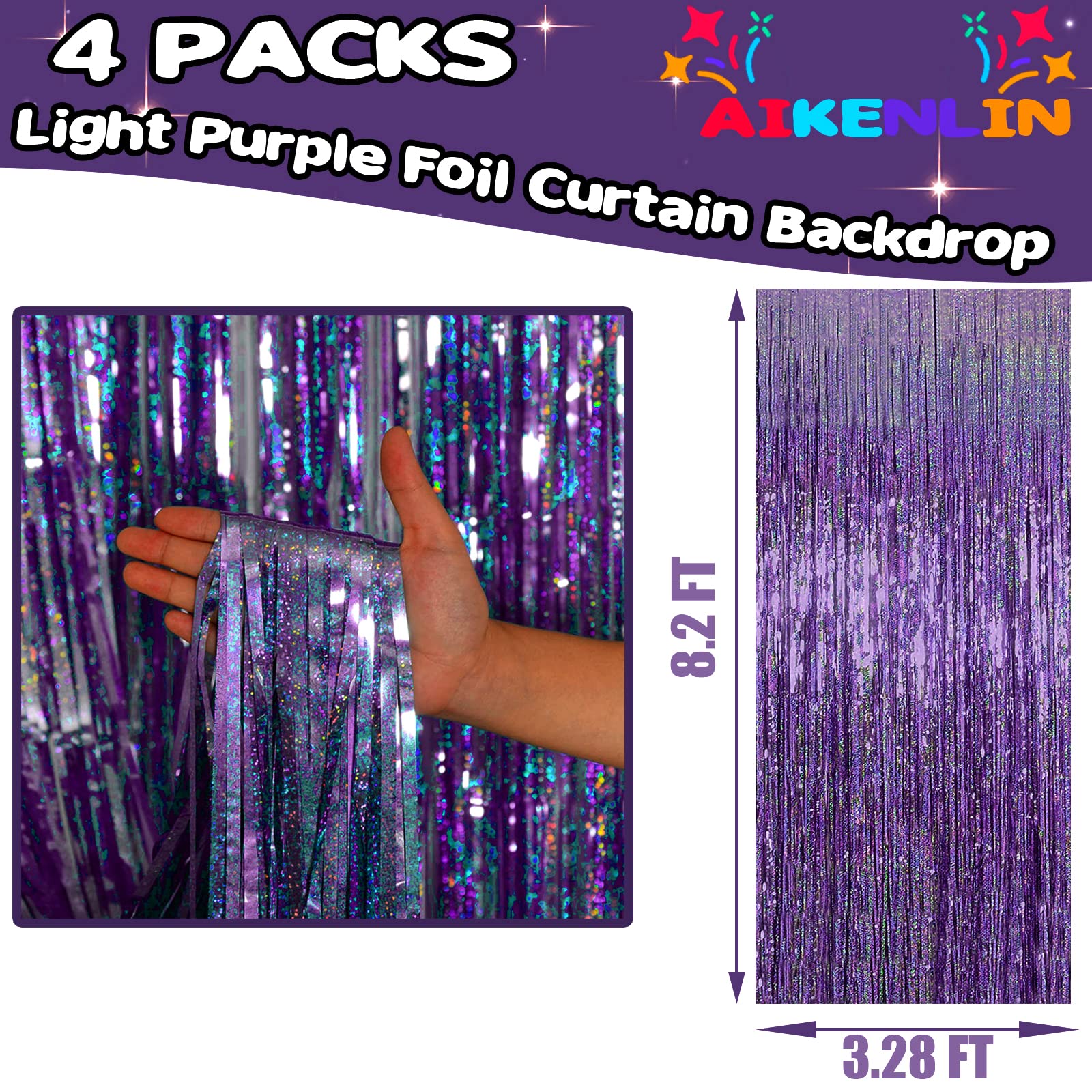 4 Pack 3.2Ft X 8.2Ft Light Purple Foil Fringe Curtain Backdrop, Metallic Tinsel Foil Fringe Streamers Curtains For Photo Booth,
