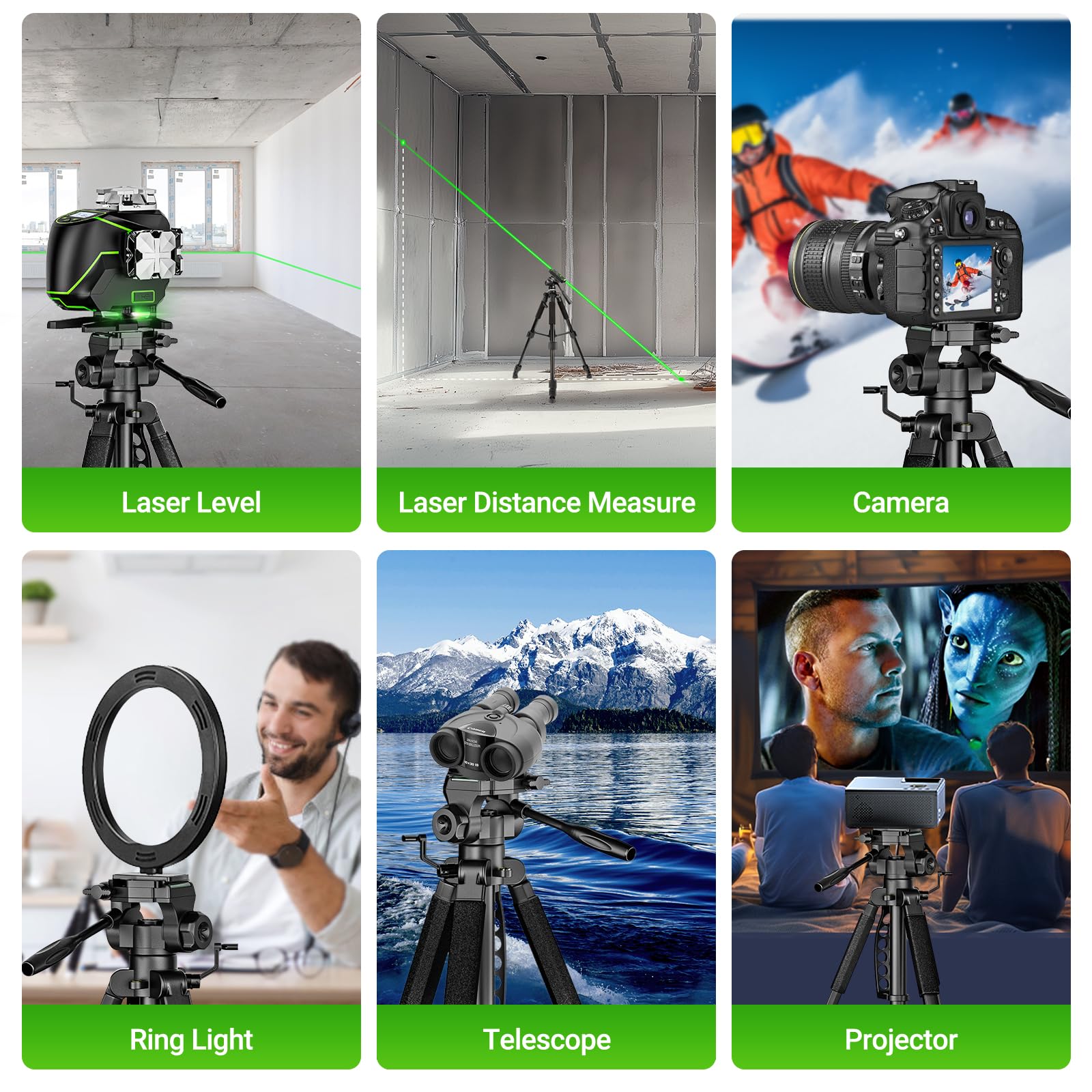 Huepar Lightweight 63 Inch Adjustable Laser Level Tripod With 3 Way Swivel Pan Head, Portable Handle, Bubble Level, Quick Releas