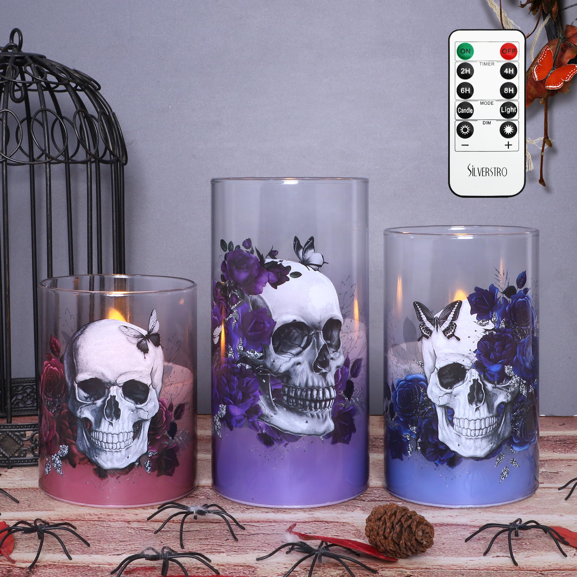 Silverstro Gothic Skull Flameless Candles Set With Remote Control Timer Function, 3-Piece Horror Theme Halloween Decorative Cand