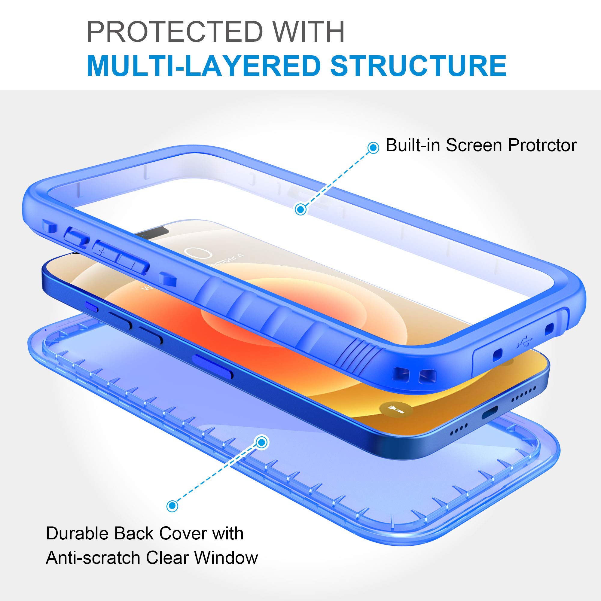 SPORTLINK iPhone 12 Pro Waterproof Case Full Body Shockproof Dustproof Plastic Blue 6.1 Inches