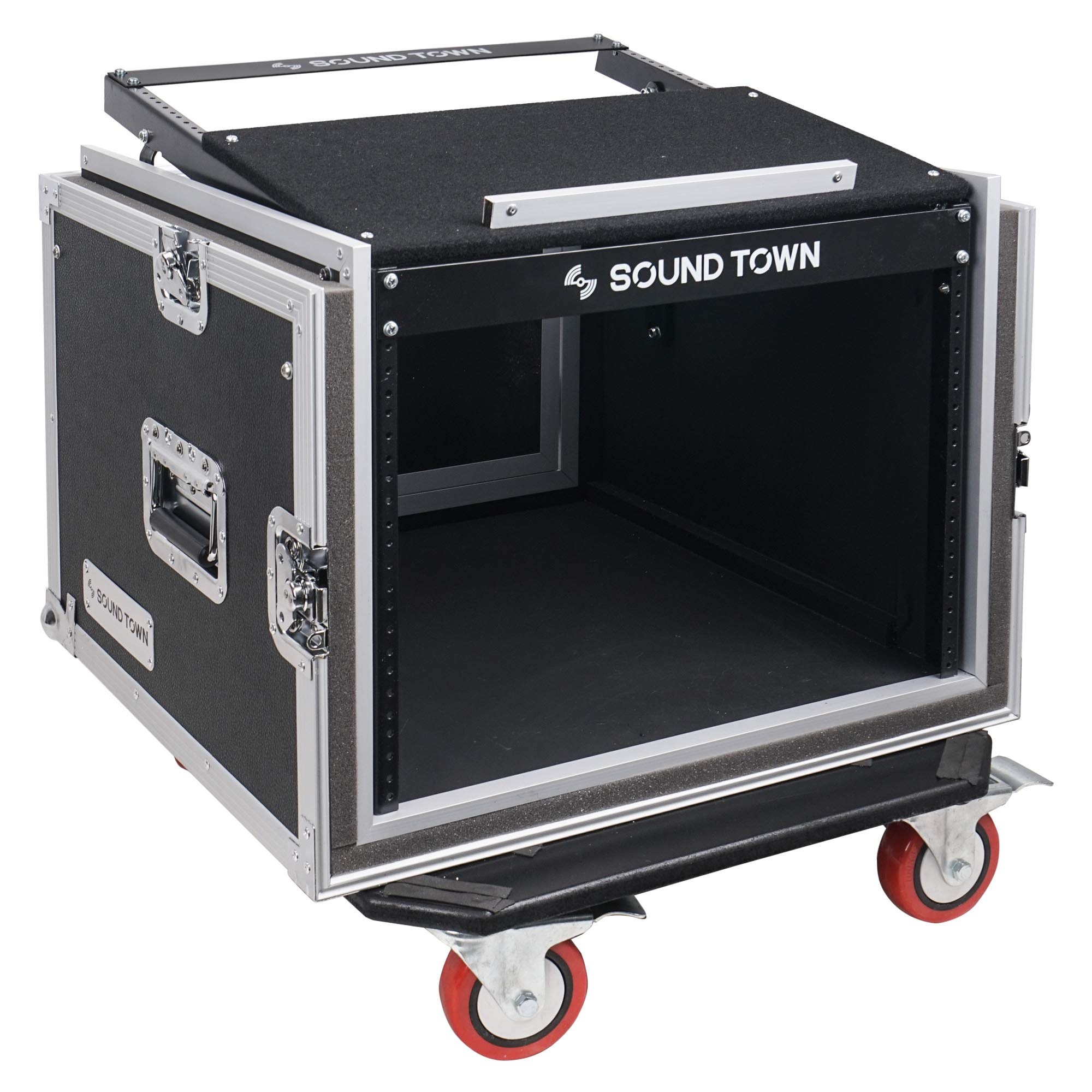 Sound Town Shock Mount 8U Ata Rack Case With 21    Rackable Depth, 11U Slant Mixer Top And Casters, 8 Space Size   Pro Tour Grad