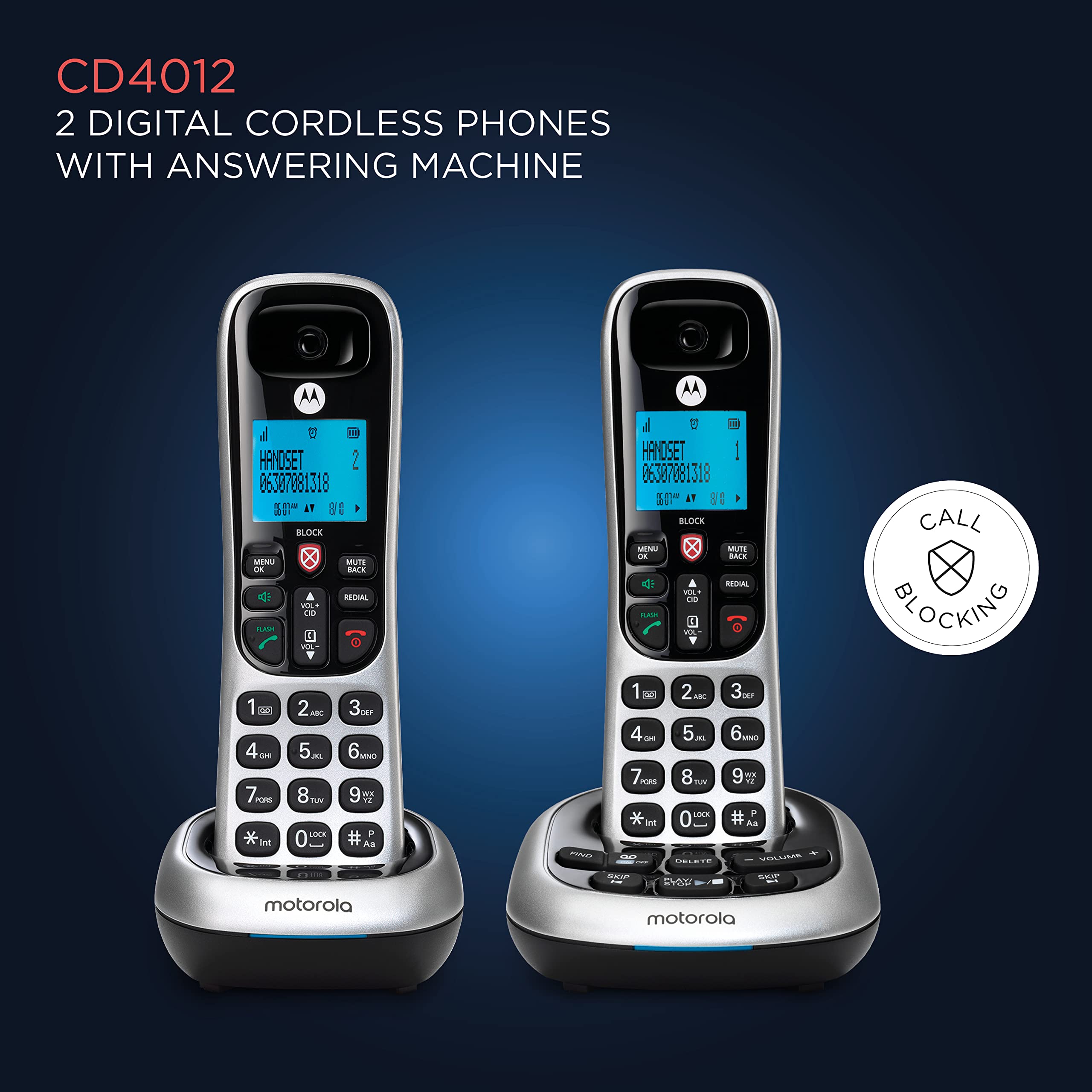 Motorola Cd4012 Dect 60 Cordless Phone With Answering Machine And Call Block, Silverblack, 2 Handsets