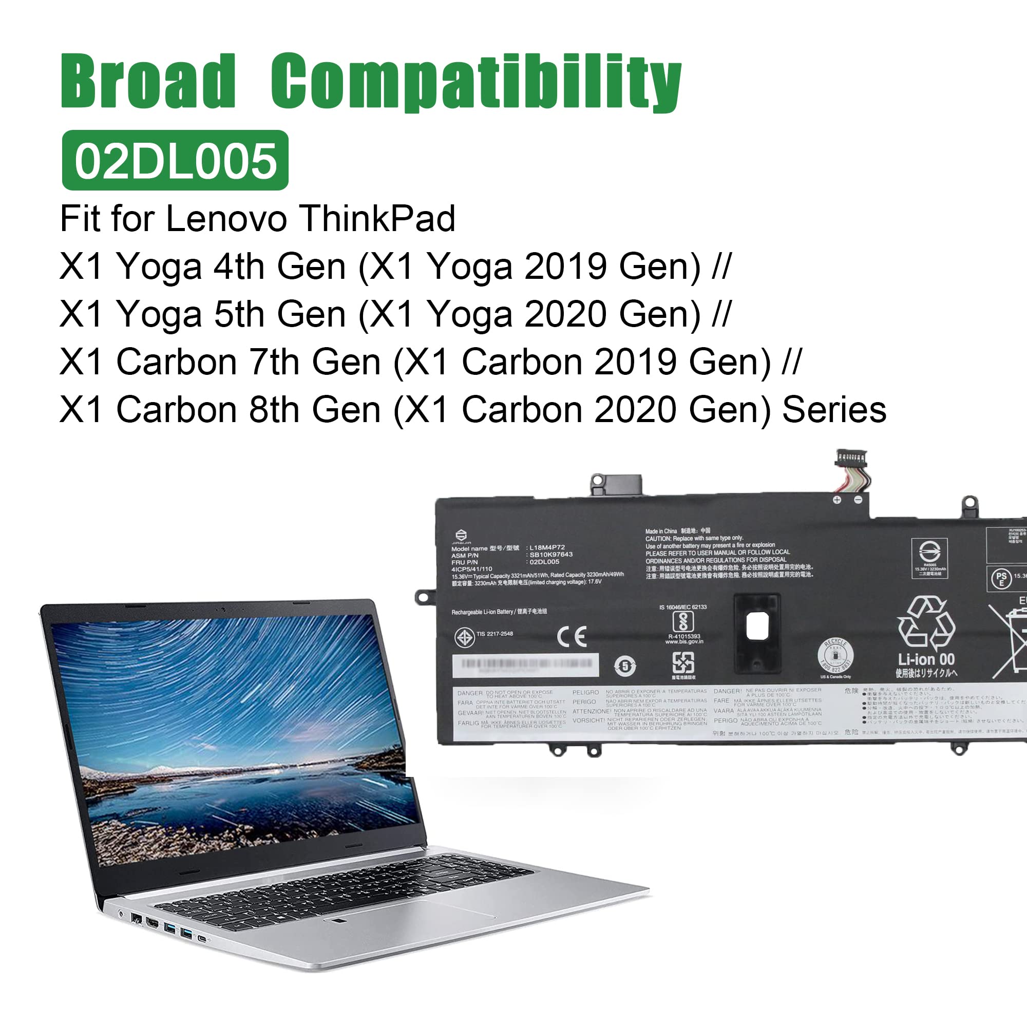 Jiazijia 02Dl005 L18M4P72 Sb10K97643 Laptop Battery Replacement For Lenovo Thinkpad X1 Yoga 4Th Gen / X1 Carbon 7Th Gen 2019 / 8