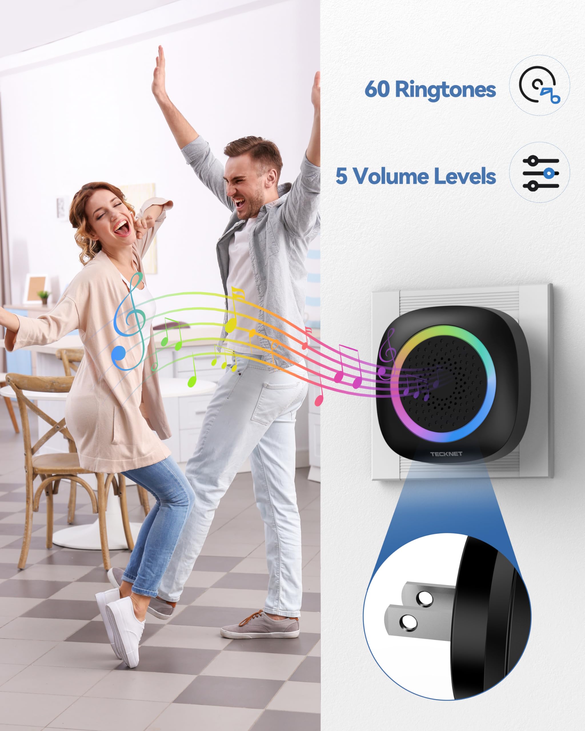 Tecknet Wireless Doorbell, Plug In Doorbell, Ip66 Waterproof Doorbell With Rgb Light, 1300Ft Door Bell Ringer Wireless, 60 Chime