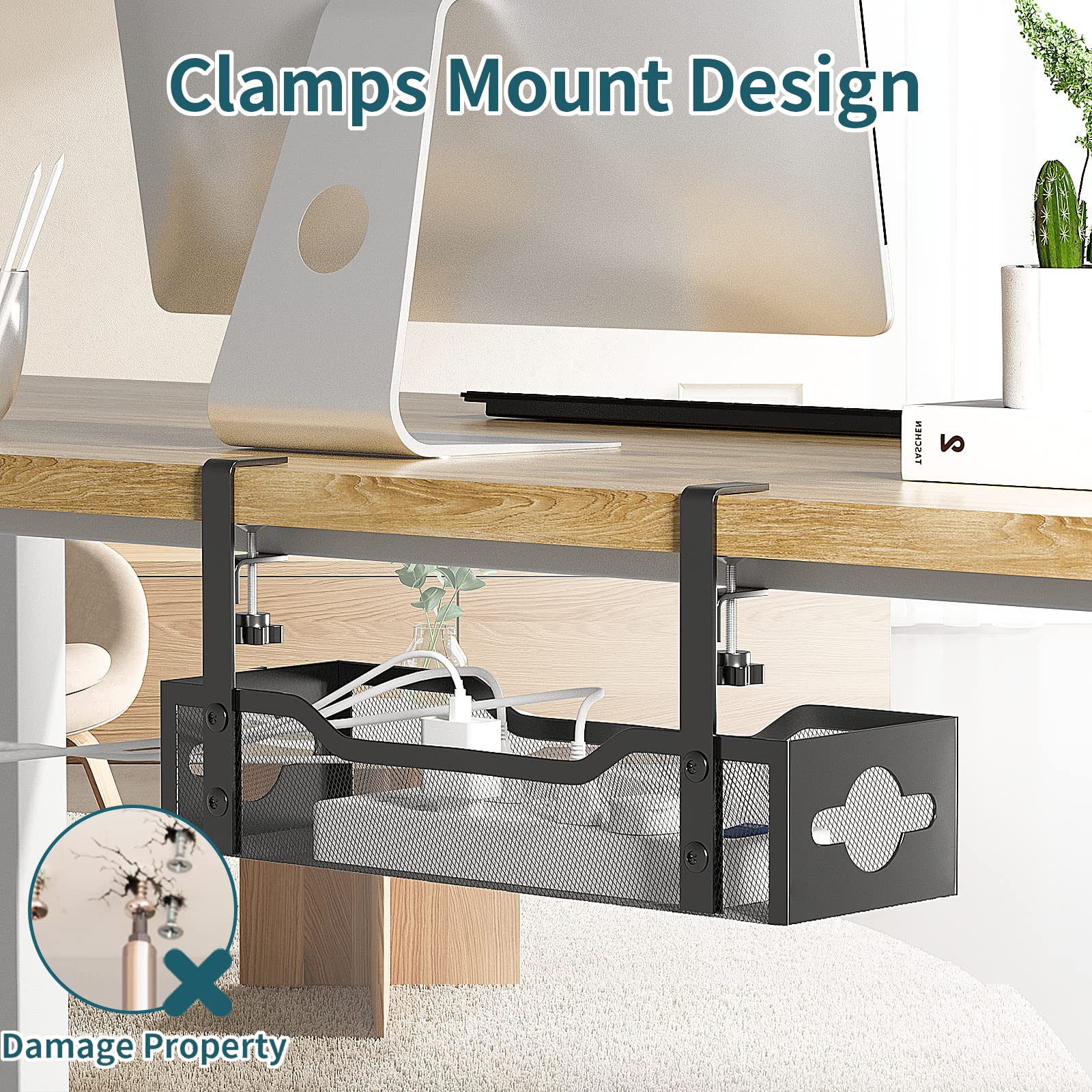 Under Desk Cable Management Tray 2 Pack, Cable Management Under Desk No Drill, Desk Cable Organizer With Clamp Easy To Install F