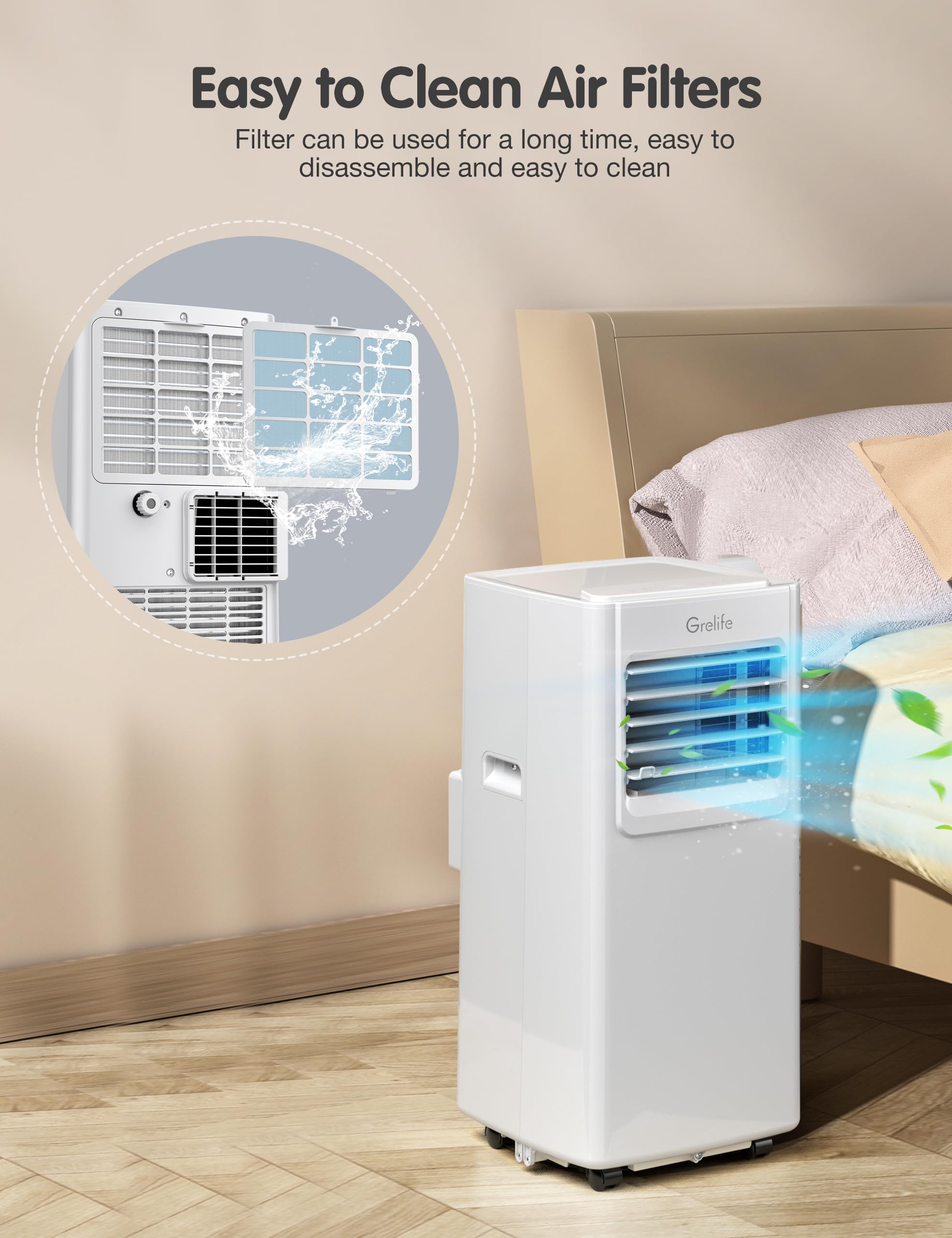 Portable Air Conditioner,Grelife 8000Btu 4-In-1 Ac Unit With Fan, And Dehumidifier For Up To 350 Sq. Ft. Featuring Smart/Sleep M