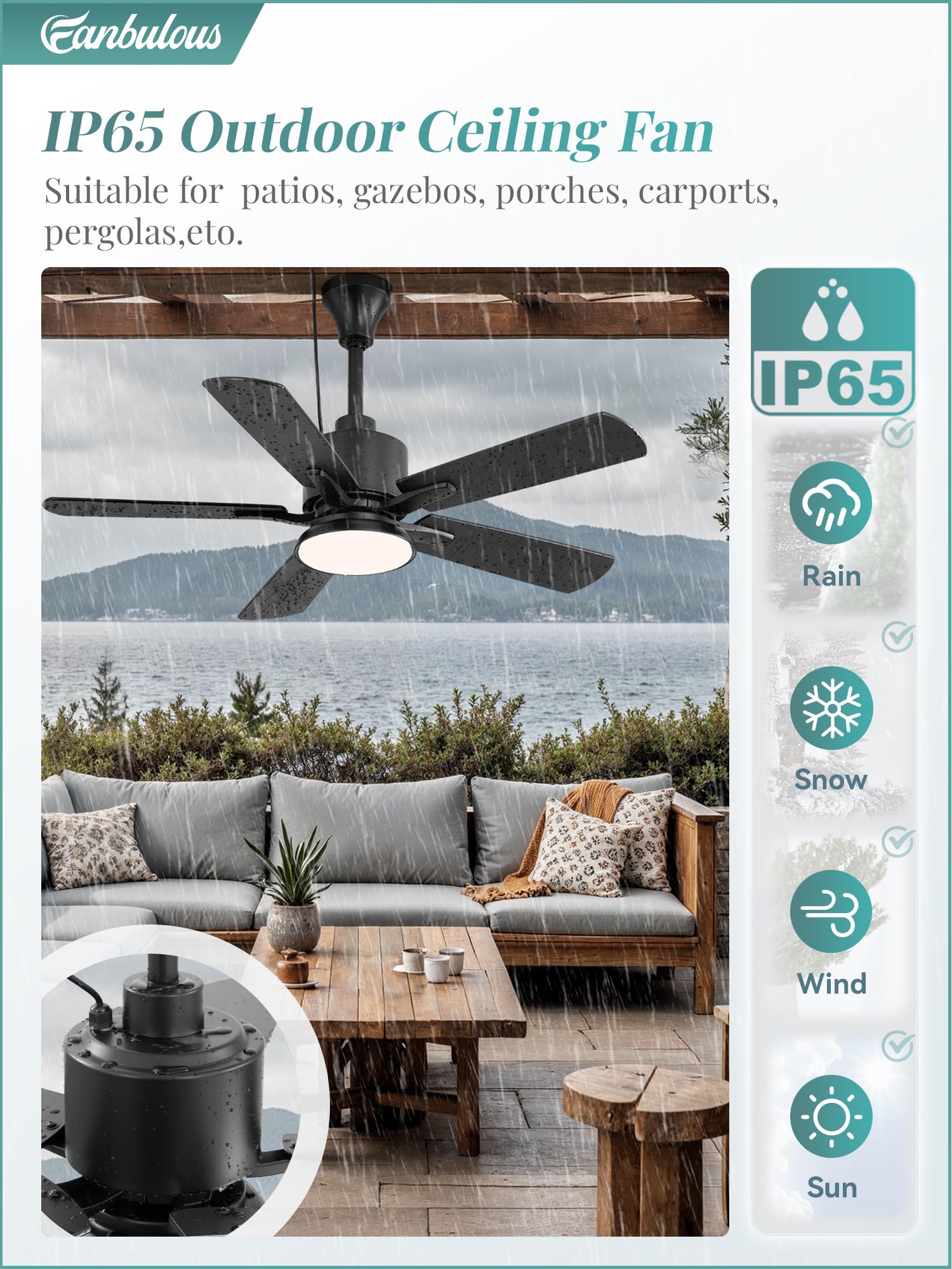 Fanbulous 42'' Outdoor Ceiling Fans With Light For Patios, Ip65 Waterproof Gazebo Fan, Plug In Ceiling Fan With Remote, 3Cct 6-S