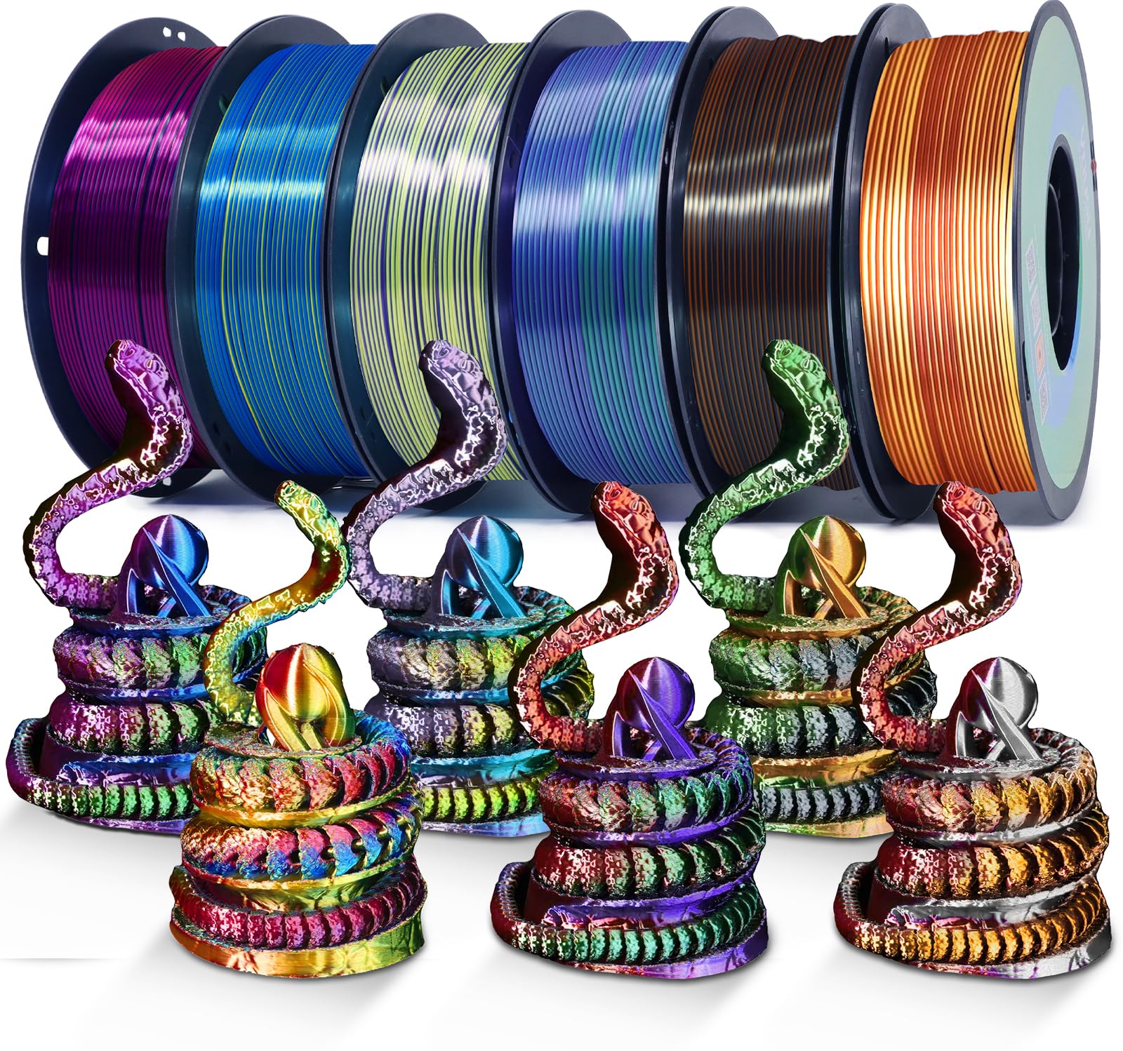 YOUSU 3D Printer Filament Silk PLA Filament Rainbow Color,1.75mm Tri Color Filament 6 * 1kg Pack.