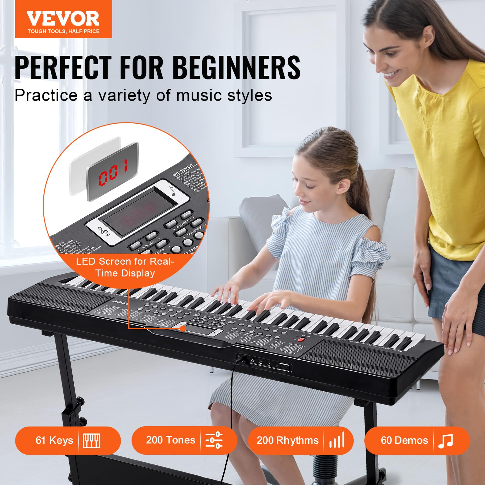 Vevor 61 Key Digital Keyboard Piano, 200 Tones 200 Rhythms, Electric Portable Piano Keyboard Kit With 60 Demo Songs Built-In Dua