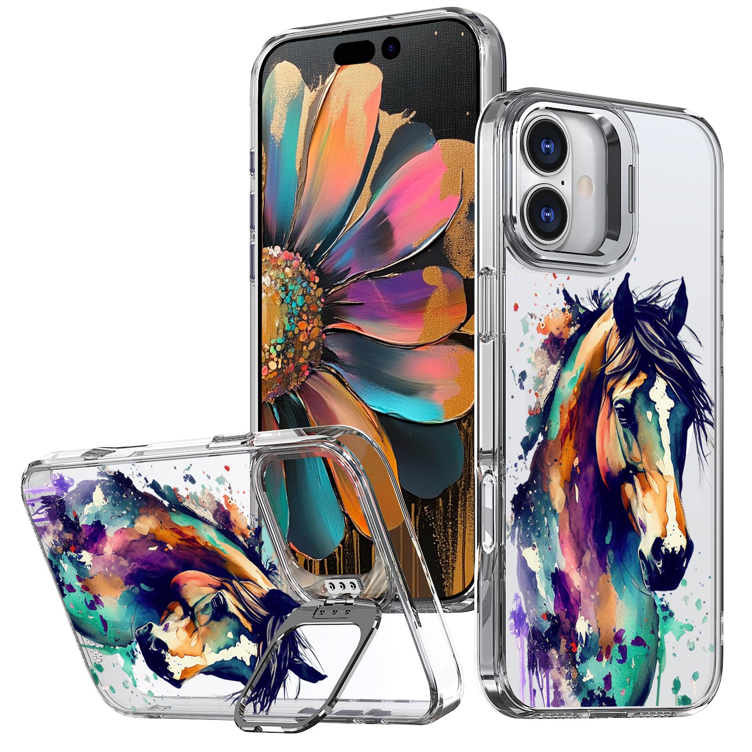 Ecute Strong Magnetic Slim Drop Protective Case With Camera Ring Kickstand For Iphone 16 - Color Graffiti Horse