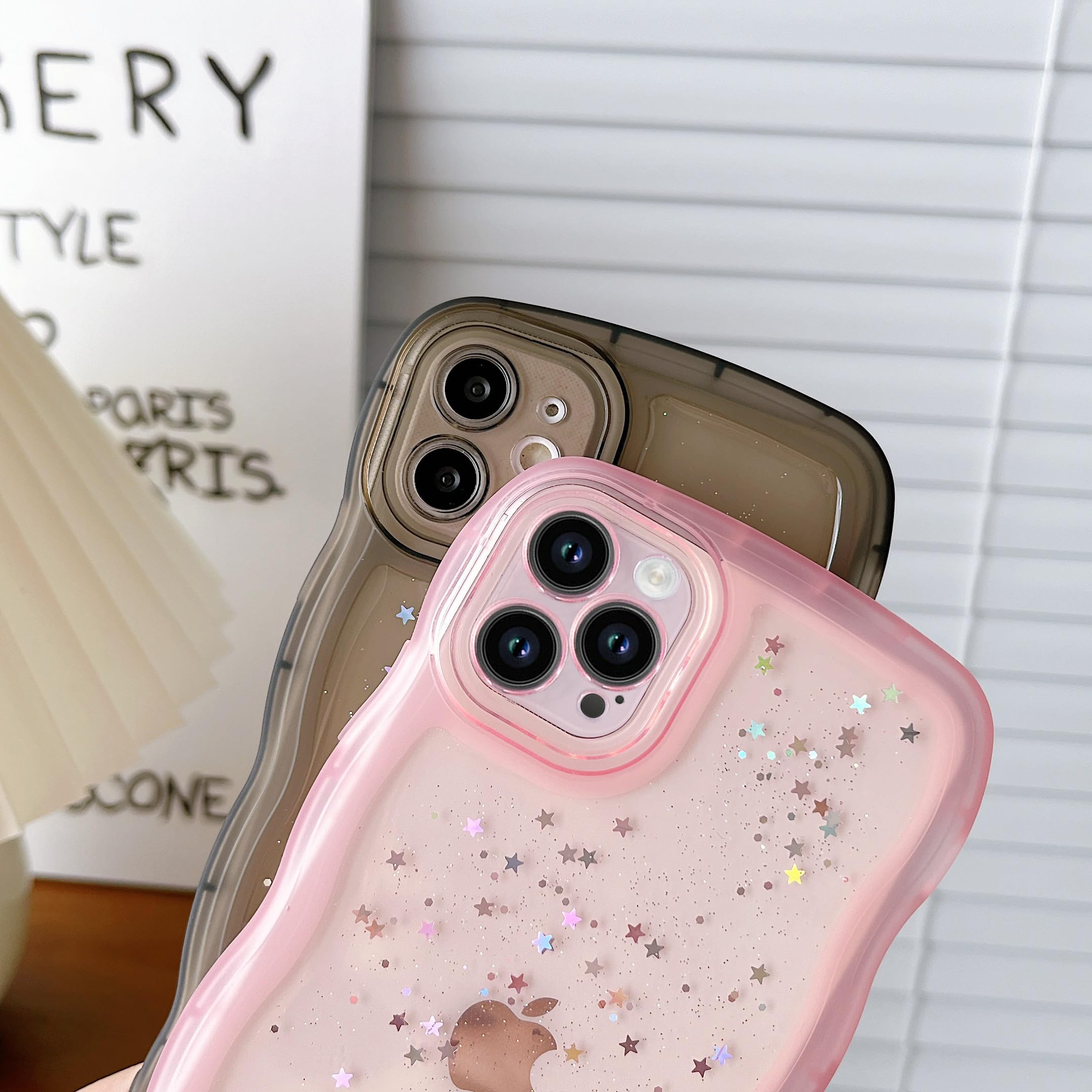 Qokey For Iphone 13 Mini Case 5.4'' Curly Wave Edge Design Transparent Bling Glitter Star Shiny Case Cute Clear Transparent Full