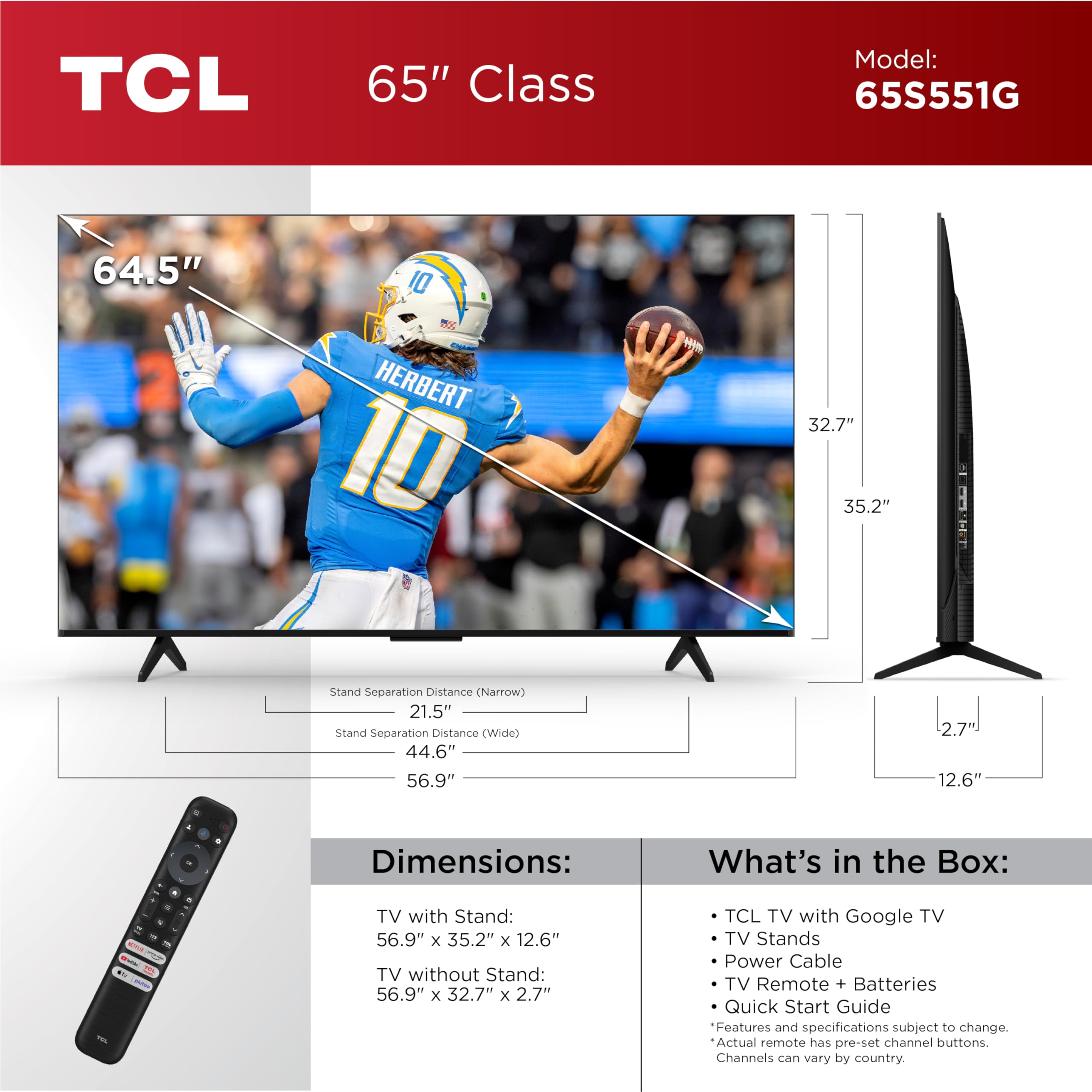 Tcl 65 Inch Class S5 4K Uhd Led Smart Tv With Google Tv (65S551G, 2024 Model), Google Assistant Built In With Voice Remote, Comp