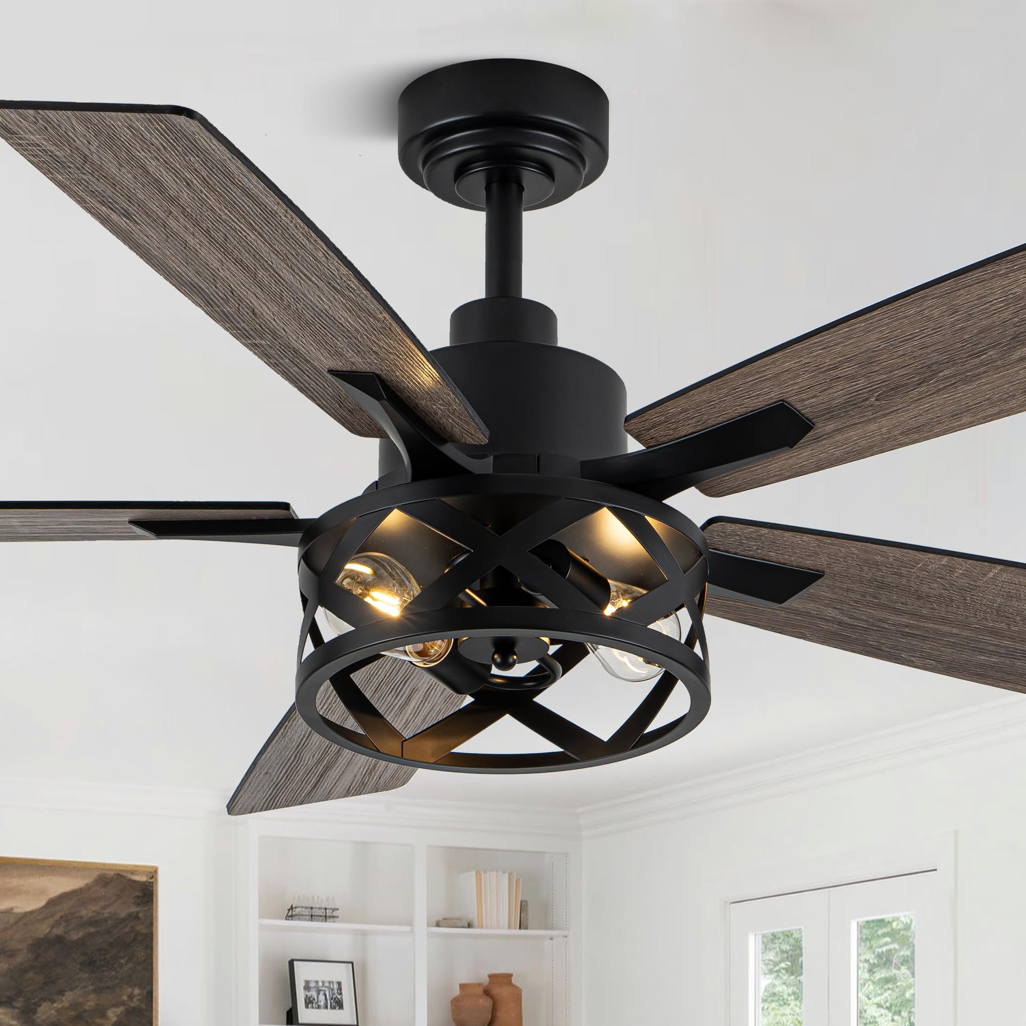 Curve Curio 52 Inch Farmhouse Ceiling Fan with Light and Remote Industrial Ceiling Fan Quiet and Reversible DC Motor Rustic Cage