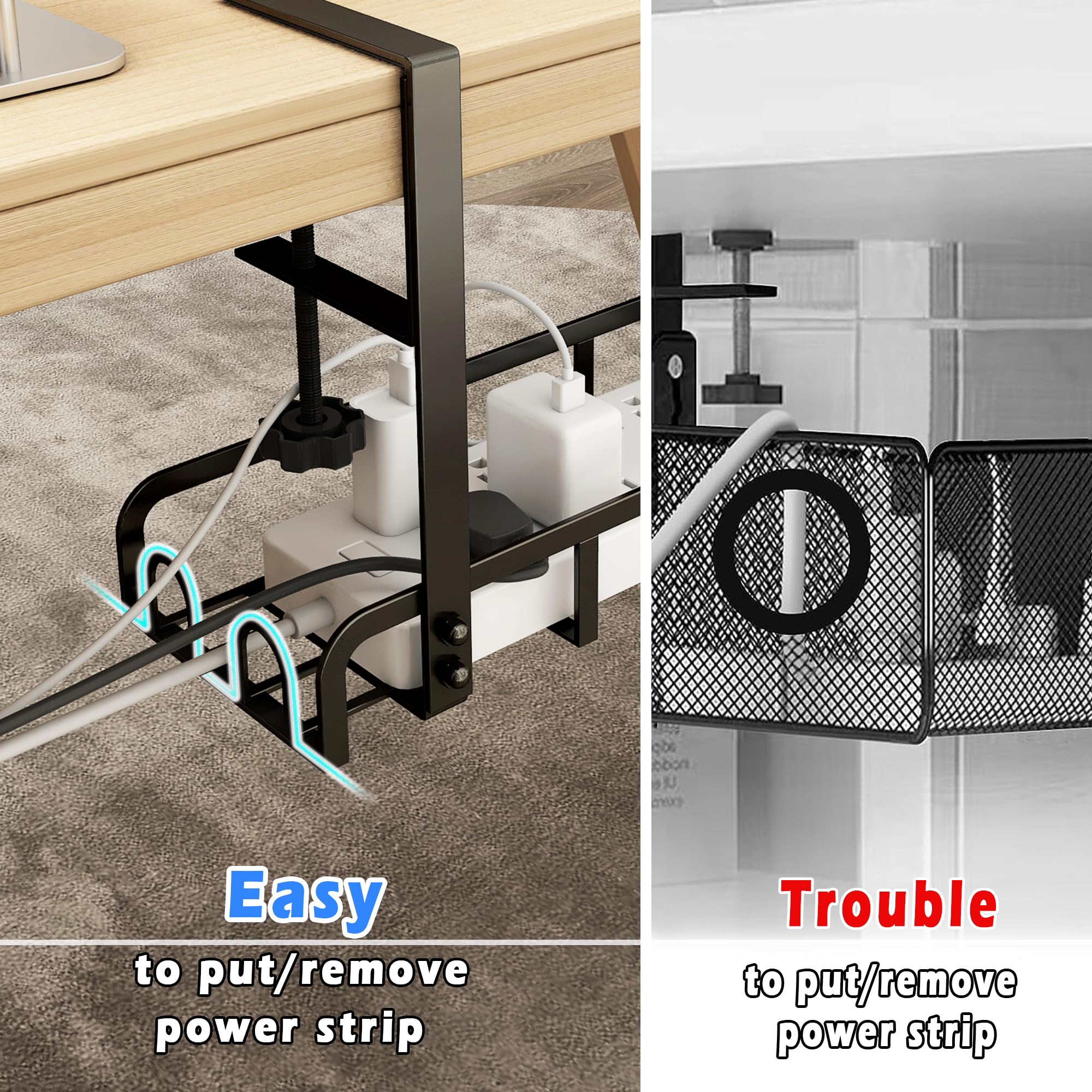 Sleclean Under Desk Cable Management Tray, Upgraded Long Arm Clamp, 16.6''X4.7'' No Drill Steel Desk Cable Organizers, Cable Tra