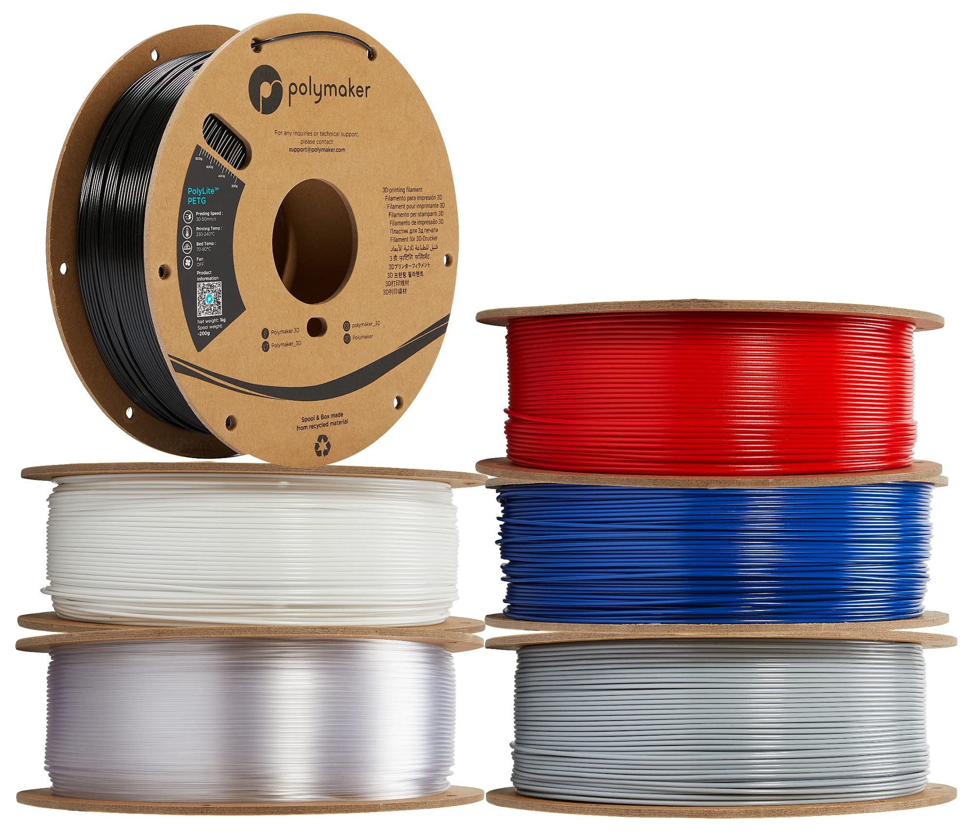 Polymaker PETG Filament 1.75mm 6kg Black *1 + White*1 + Grey*1 + Red *1 + Blue*1 + Transparent*1 3D Printer Filament, PolyLite P