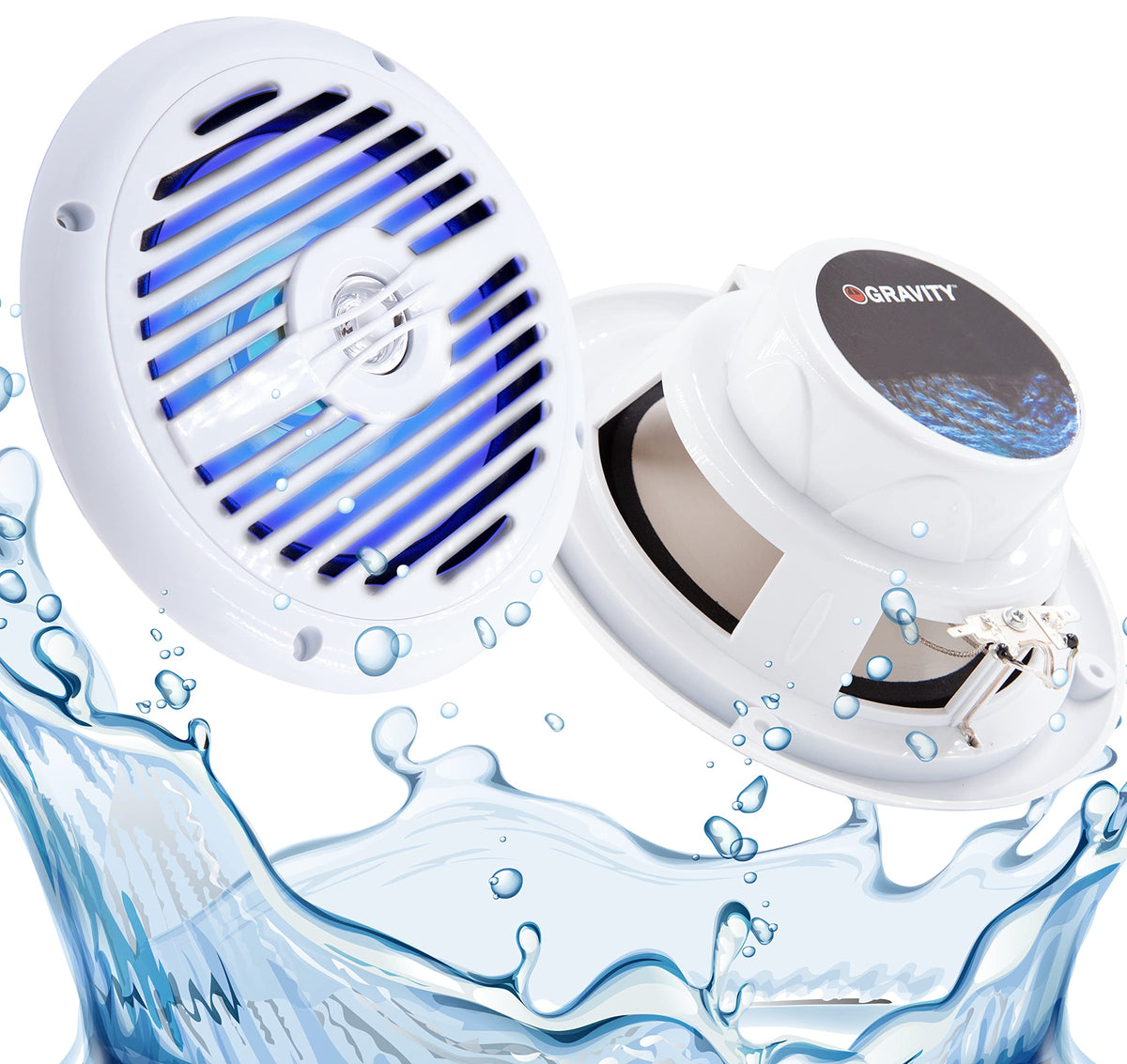 Gravity Marine Speakers   6.5 Inch 2 Way Waterproof And Weather Resistant Outdoor Audio Stereo Sound System With Led Lights, 350