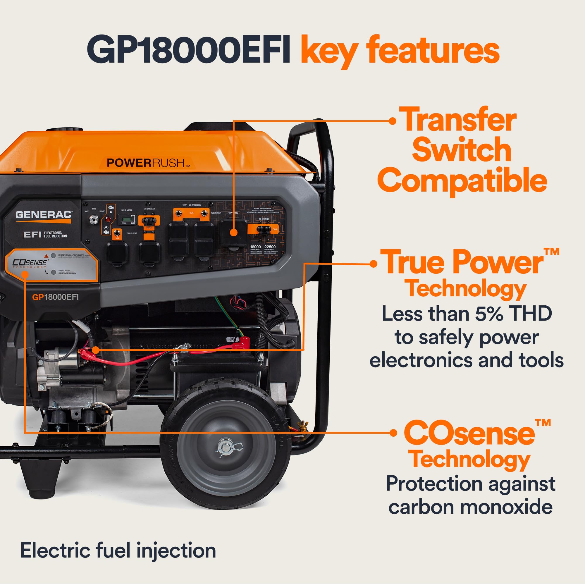 Generac 8917 Gp18000Efi 18,000 Watt Gas Powered Electric Start Portable Generator With Cosense & Efi Engine, Transfer Switch Com