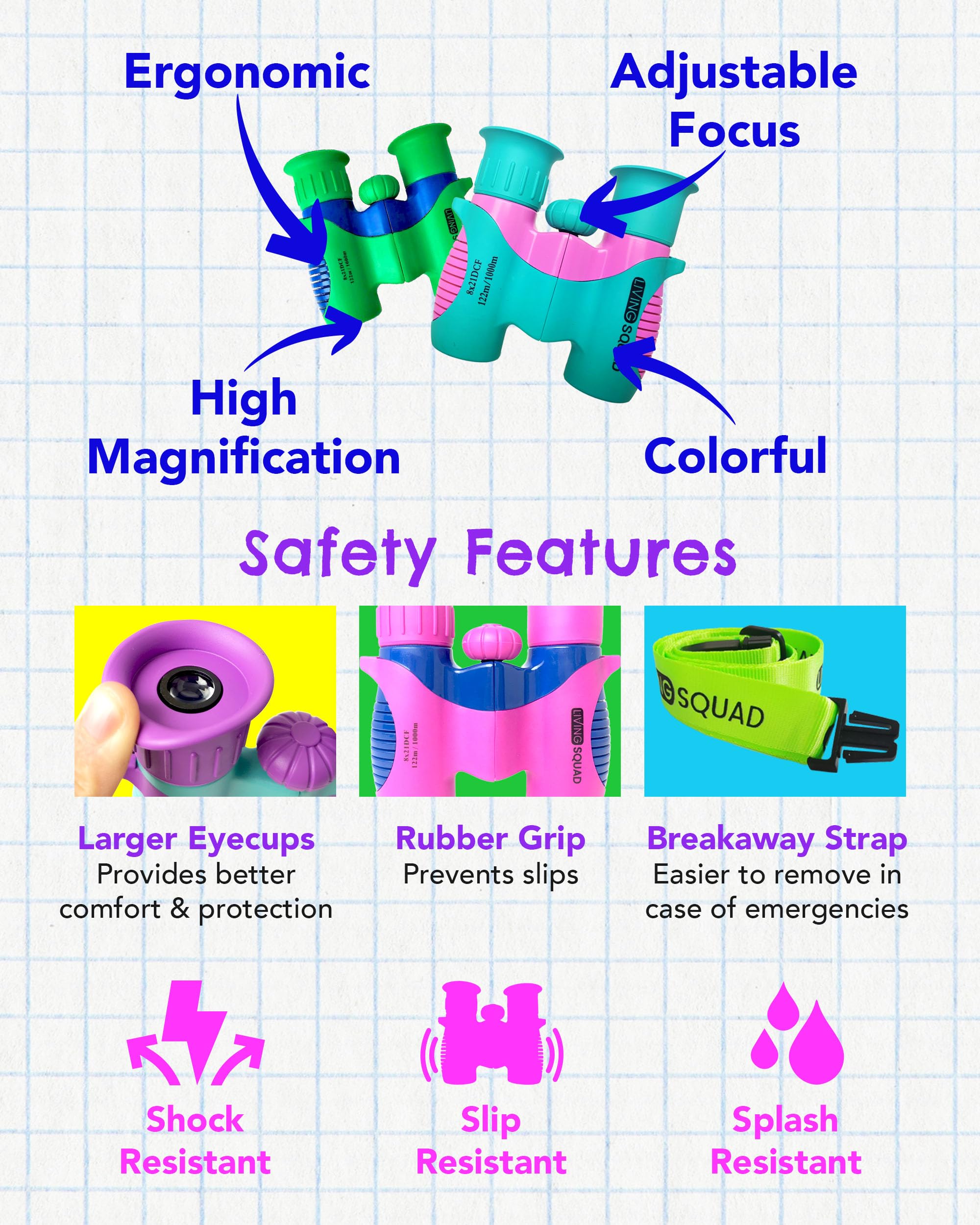 Living Squad Binoculars For Kids 8X21   Kids Age 3 12 Binoculars Set For Clear Images   Compact Shockproof Kids Binoculars Set F