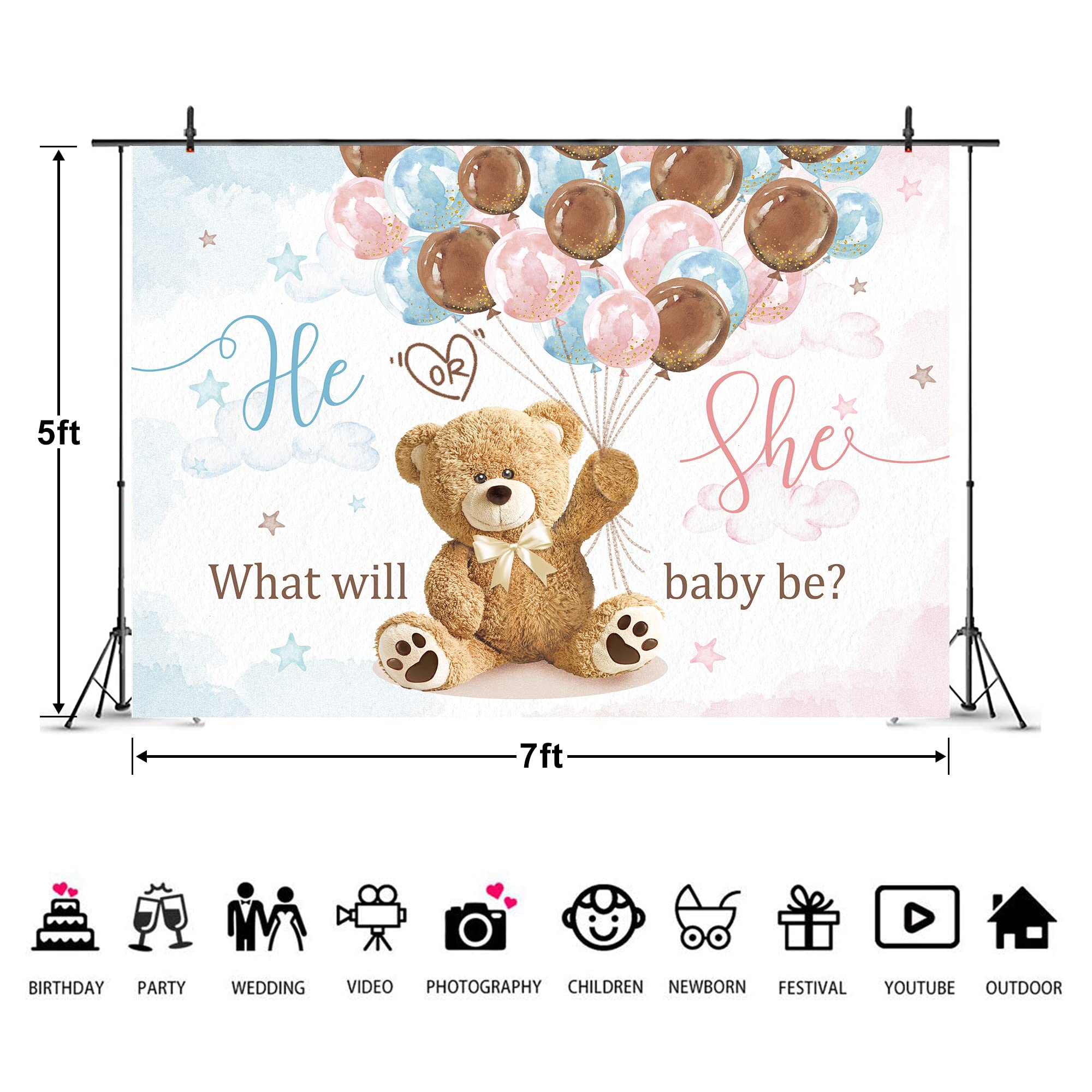 Imirell Bear Gender Reveal Party Backdrop 7Wx5H Feet Cute Bear Pink Brown Blue Balloons He Or She What Will Baby Be Polyester Fa