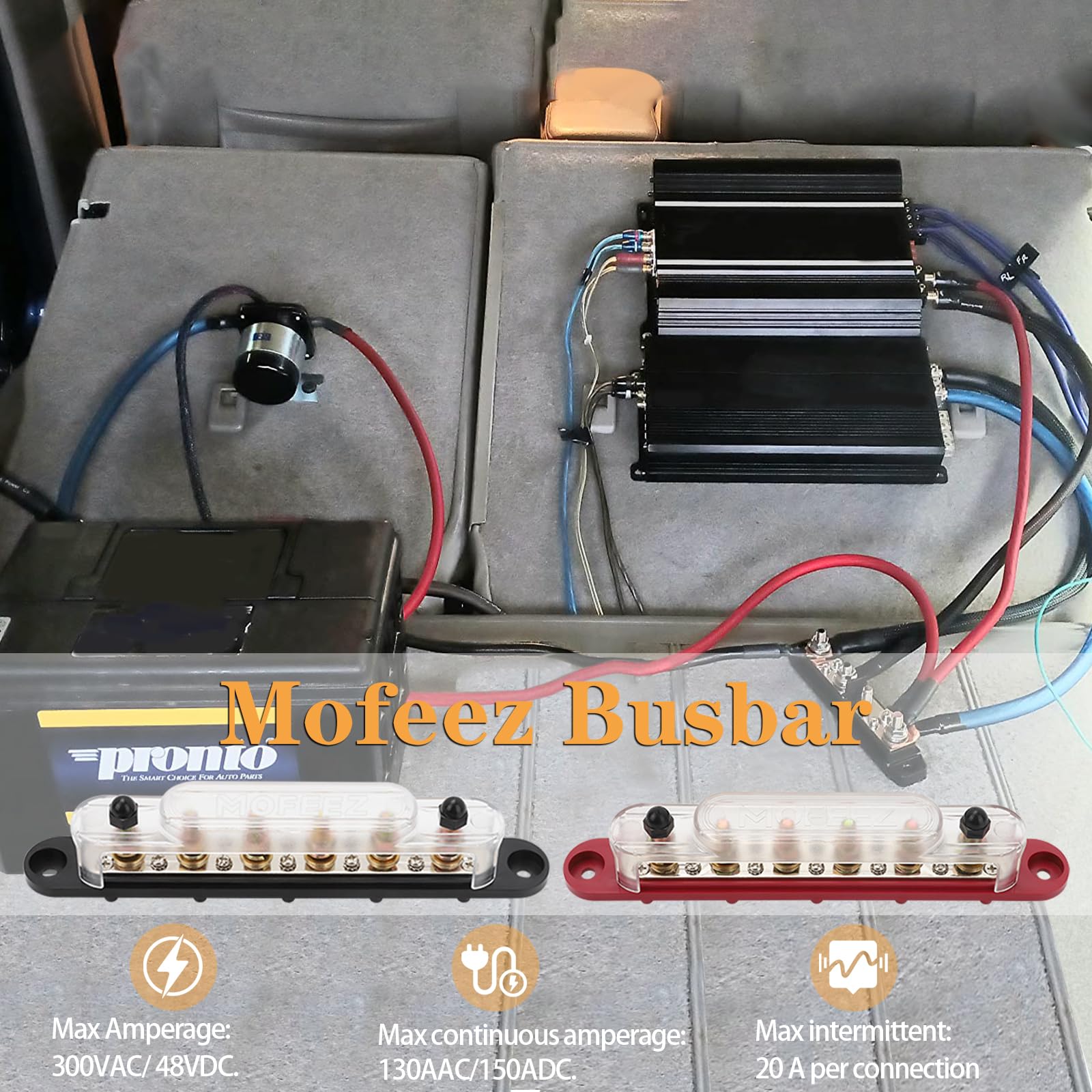 Mofeez Power Distribution Block Bus Bar, 6 X 5/16'' Posts, 10 X #8 Screws Terminals, Max 48V 250A (Pair, Red & Black)