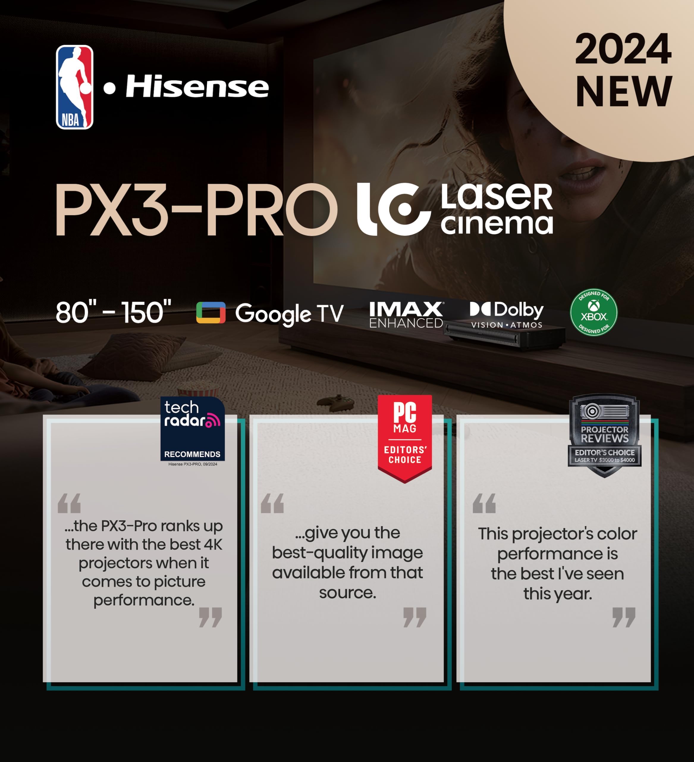 Hisense Laser Cinema Px3-Pro Triple Laser Ultra Short Throw Projector, 80~150, 4K Uhd, High Contrast, Imax Enhanced, Dolby Visio