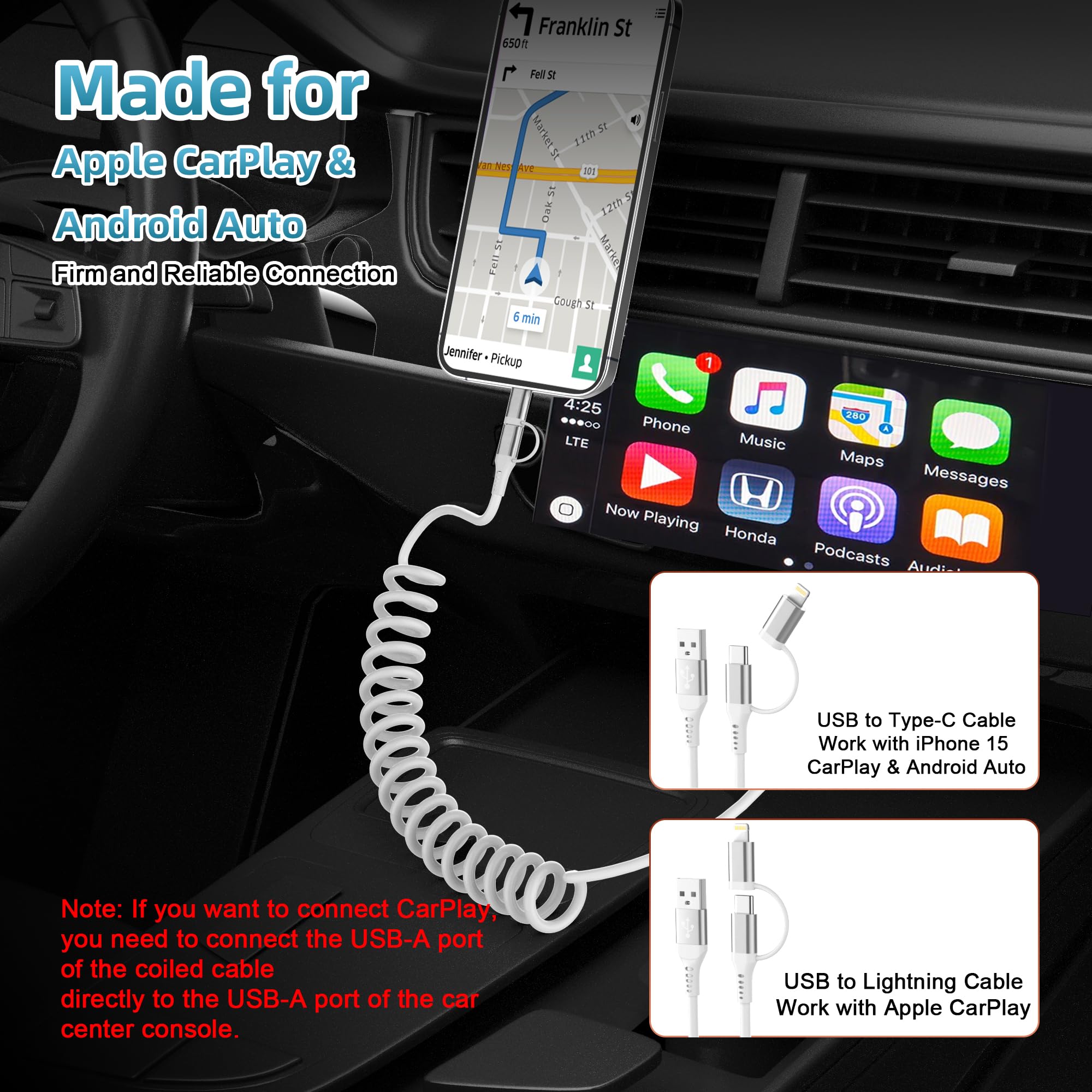 KETAKY Plus 2-in-1 Coiled USB to USB-C & Lightning Cable, MFi, 3A Fast Charge, White, Compatible with iPhone 15/14/13