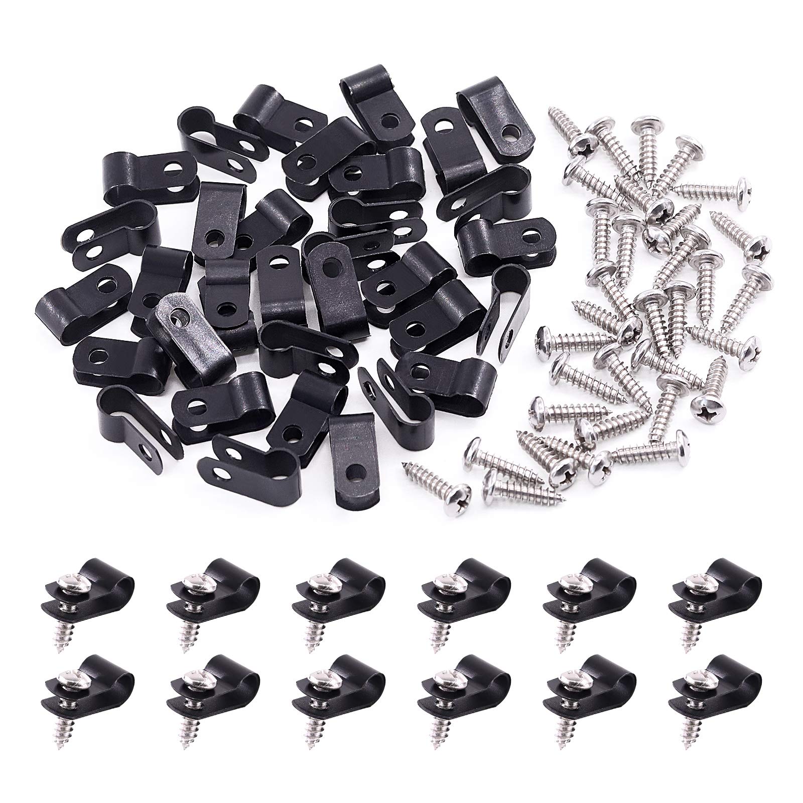 Swpeet 120 Pack Black 1/4 Inch Nylon Plastic R Type Cable Clips Clamp Kit, Nylon Screw Mounting Cord Fastener Clips With 120 Pac