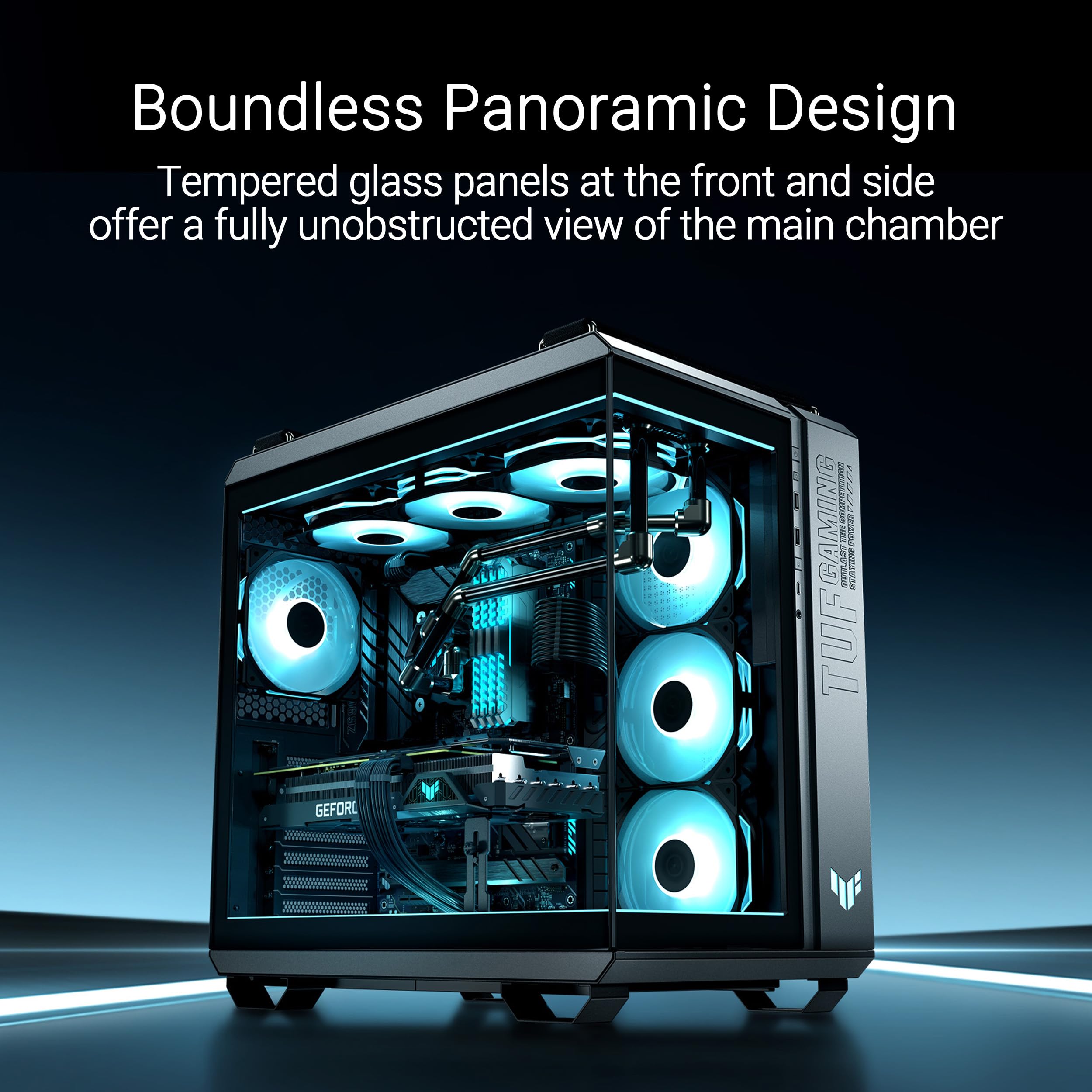 Asus Tuf Gaming Gt502 Horizon White Atx Mid Tower Gaming Case (Boundless Panoramic Design, Dual Chamber, Independent Cpu And Gpu
