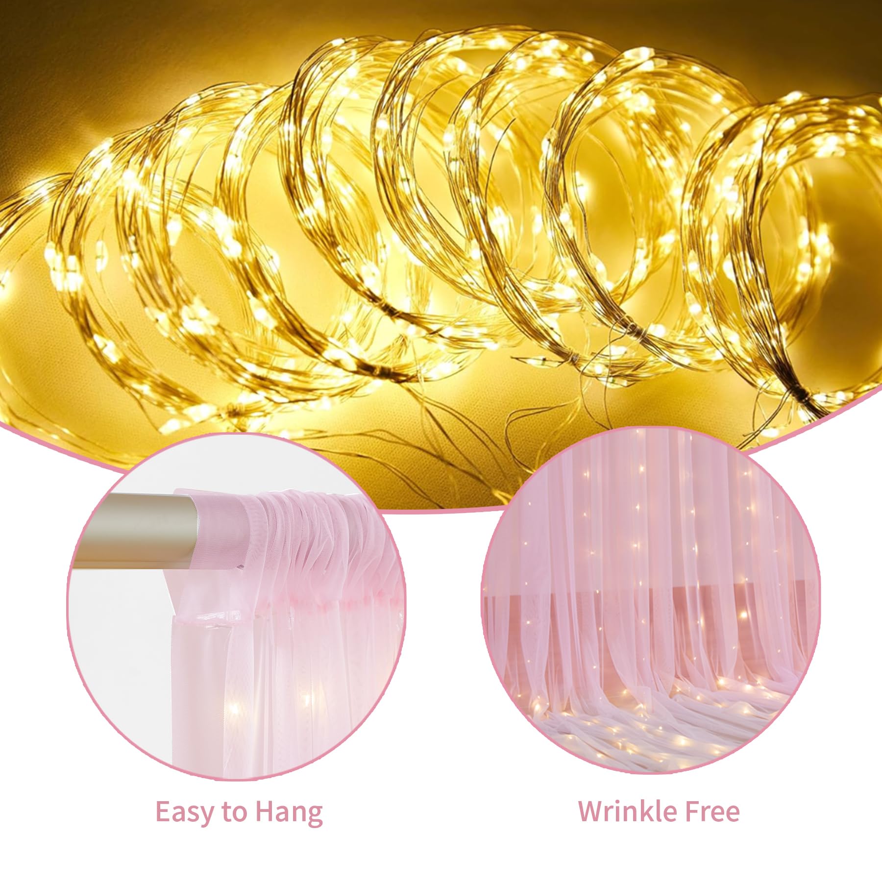 10Ft X 10Ft Pink Sheer Tulle Backdrop Curtains With Lights String For Party Wedding Wrinkle Free Curtain Backdrops Drapes For Ba