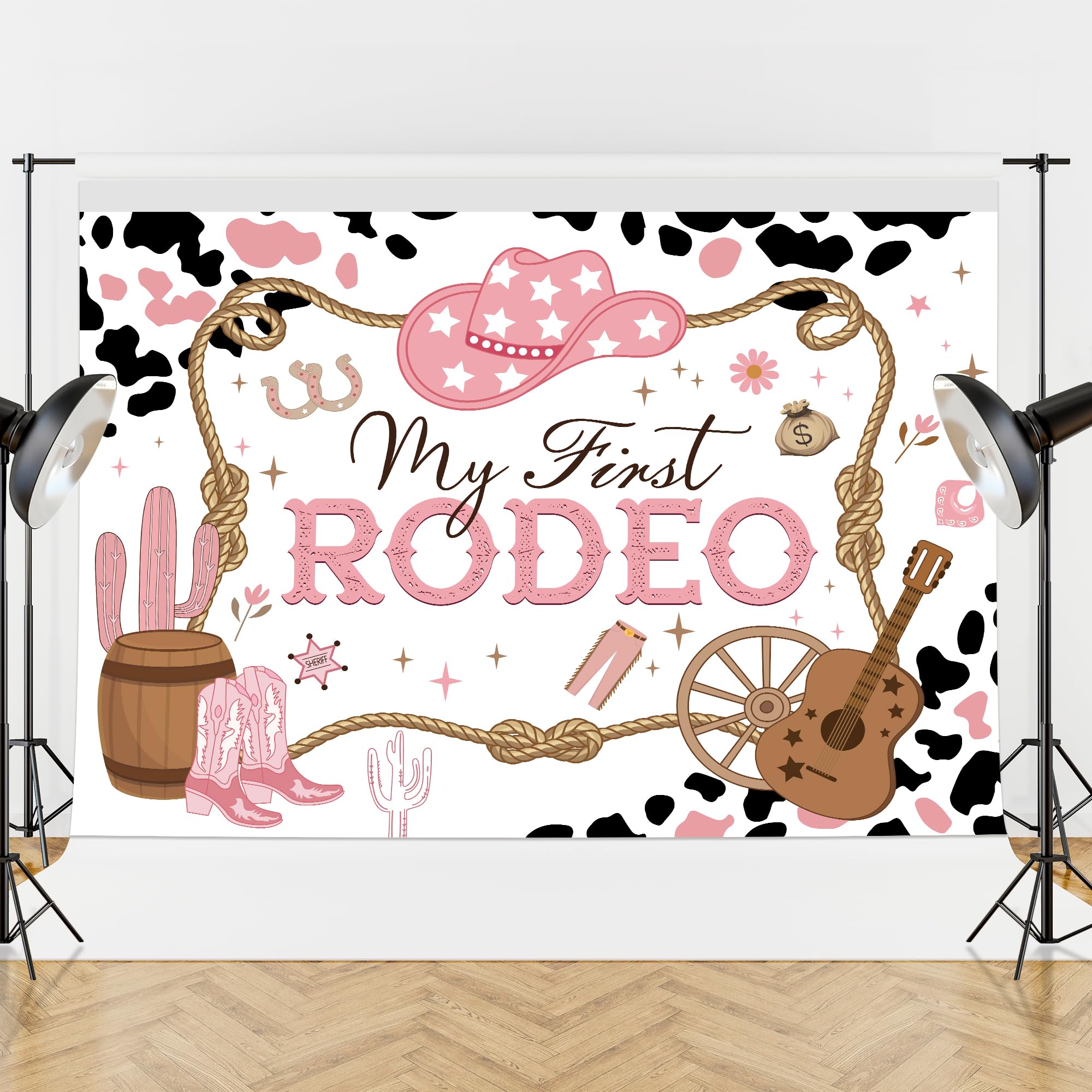 Riyidecor Cowgirl First Rodeo Birthday Backdrop, Western First Birthday Backdrop Banner, Cow Print Pink Wild West Cactus 7X5 Fee