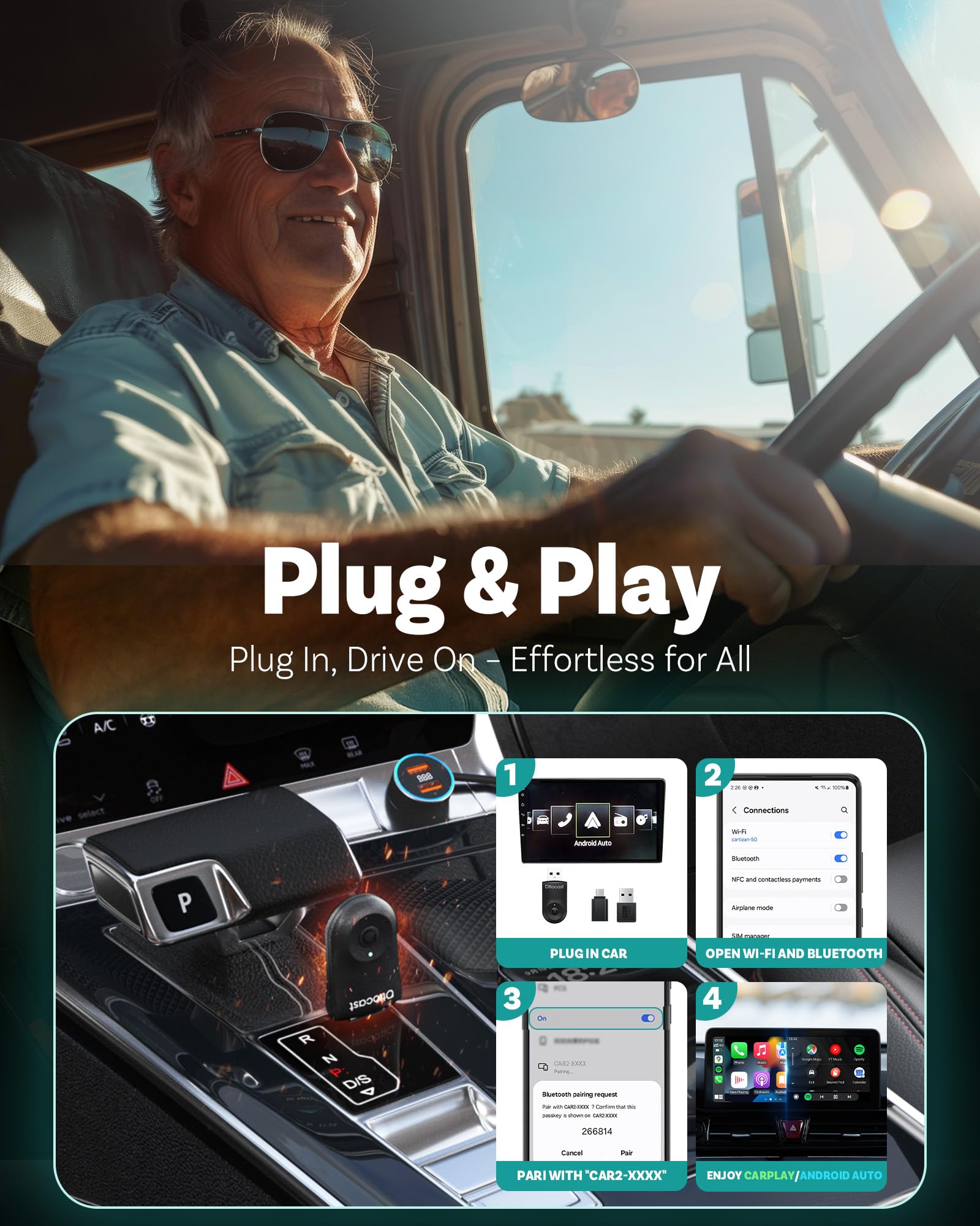 Ottocast Mini 2025 Wireless Carplay & Android Auto 2-In-1 Adapter, Plug & Play, 5Ghz Wifi, Auto Connect For Iphone & Android, Fi