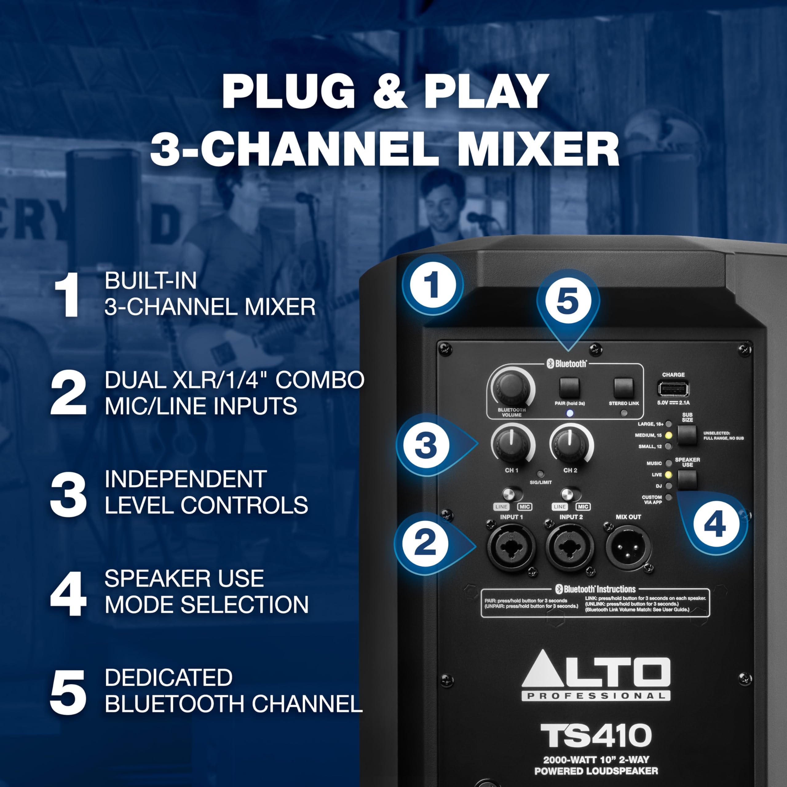 Alto Professional Ts410   2000W 10 Powered Pa Speaker With 3 Channel Mixer, Bluetooth Streaming, Wireless Loudspeaker Linking, D