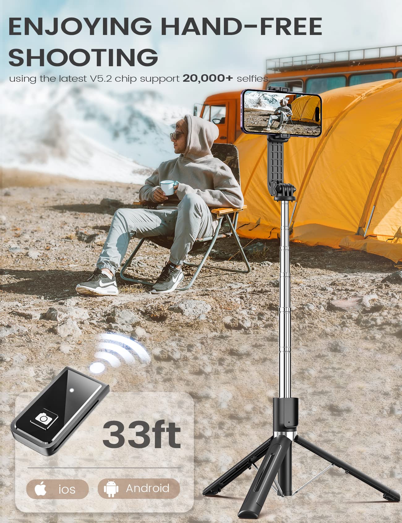 ANXRE 50 Phone Tripod with Remote - Portable 5-in-1 for iPhone 15/14/13 Pro Max, GoPro, Android - Black, Reinforced Stability