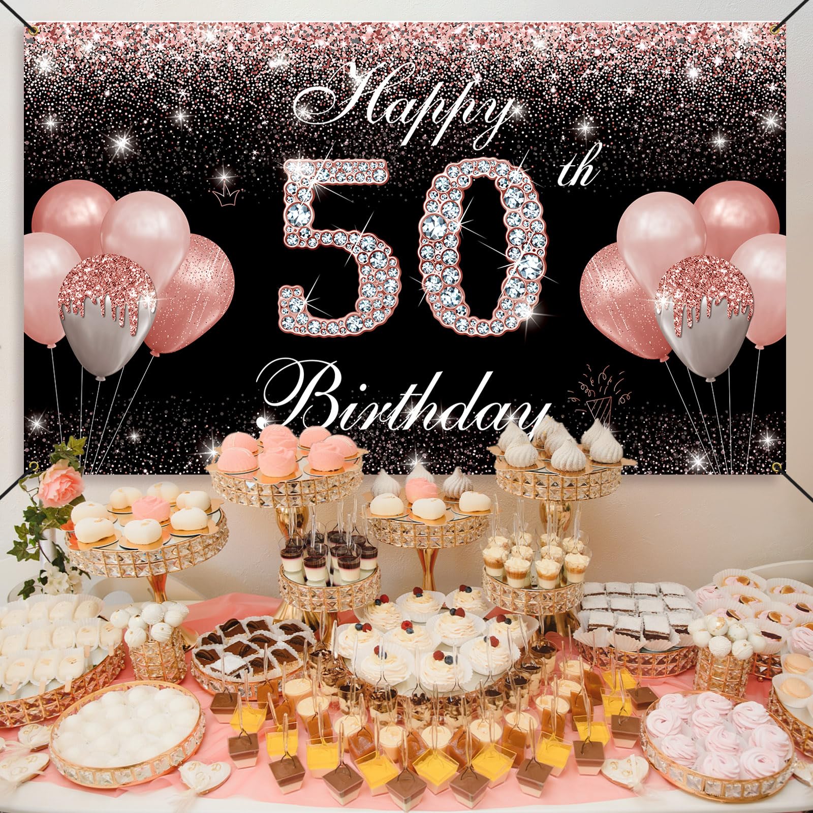 Htdzzi 50Th Birthday Banner Backdrop, Happy 50Th Birthday Decorations For Women Rose Gold, Fabulous 50 Year Old Birthday Party Y