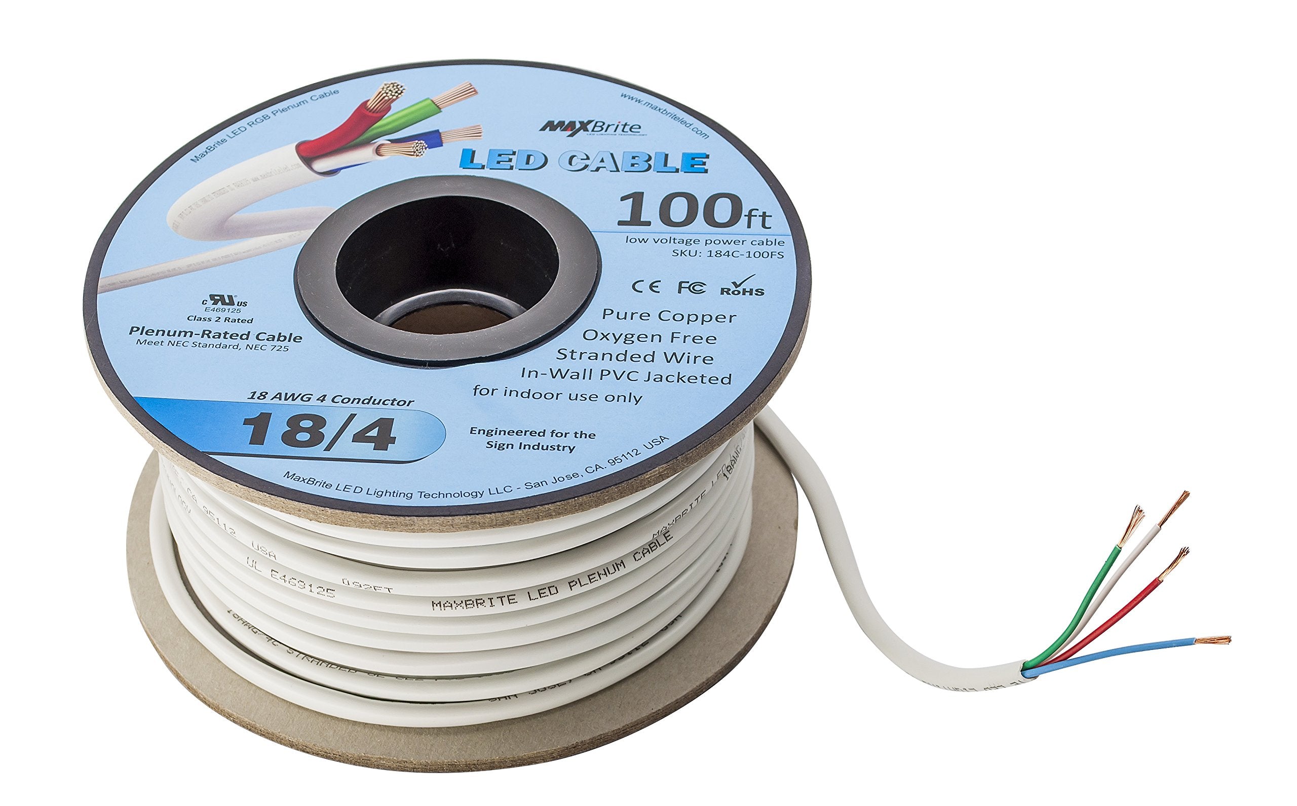 Led Cable 4 Conductor Jacketed In Wall Speaker Wire Ul/Cul Class 2 (100Ft. Spool)