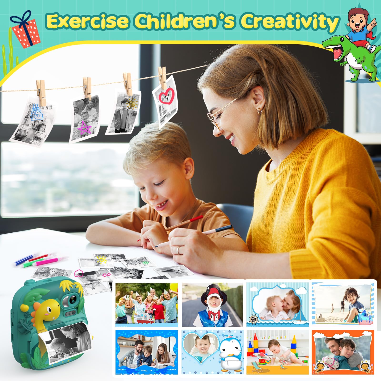 Kids Camera Instant Print, Camclid 2.4 Inch Screen Camera For Kids Dinosaur Children Digital Camera With 32Gb Card & 3 Rolls Pap