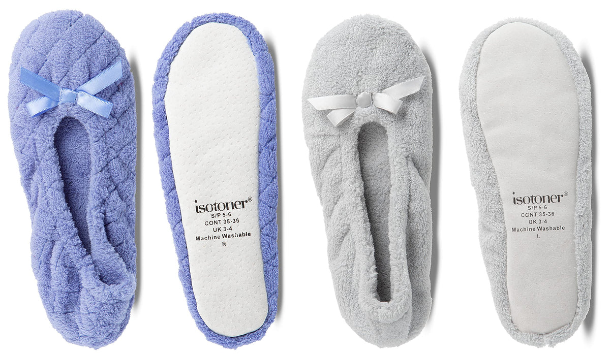 Isotoner Womens 2 Pack Ballerina Slipper Quilted And Solid Ballet Flat, Periwinkle Quilted, Ash Solid, 65 75 Us