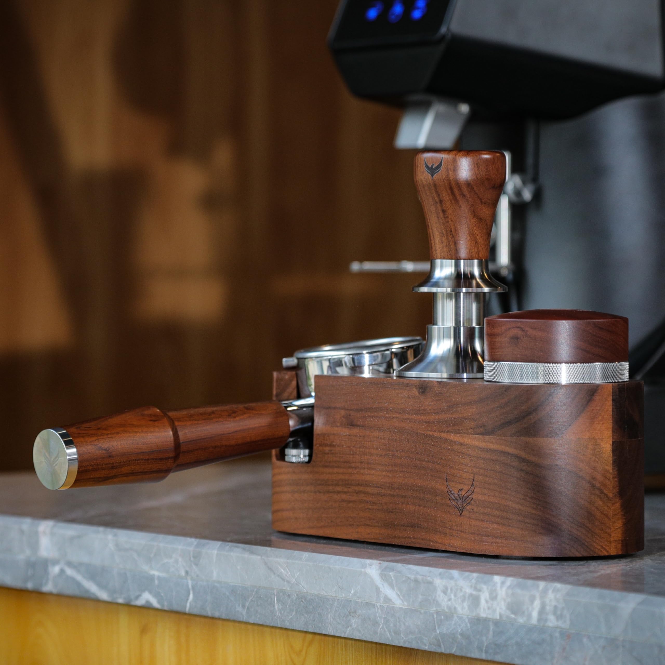 Walnut 58Mm Espresso Tamping Station V2 Knodos Espresso Machine Accessories For Coffee Bar Wooden Coffee Tamper Stand And Portaf