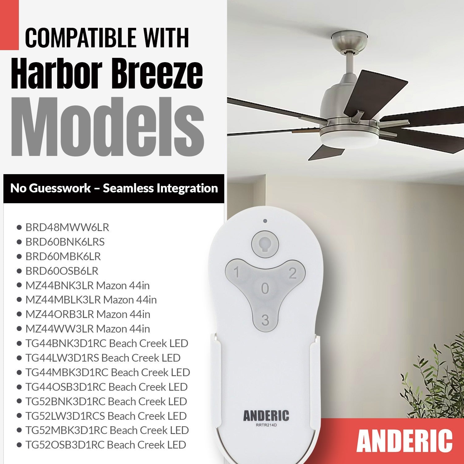 Anderic Substitute For Harbor Breeze TR214A KUJCE10610 Ceiling Fan Remote Control [RRTR214D]