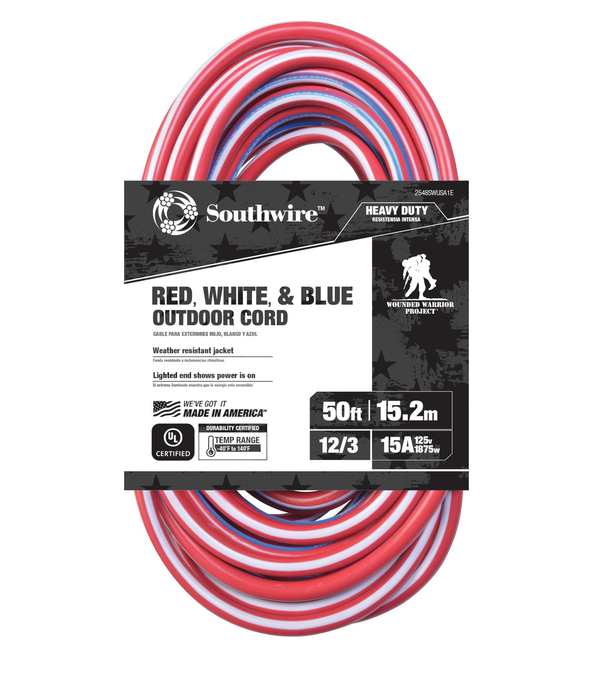 Southwire Heavy Duty Extension Cord, 50Ft, 12 Gauge, 3 Conductor, Outdoor Cord, Lighted End, Sjtw, Red/White/Blue, 2548Swusa1