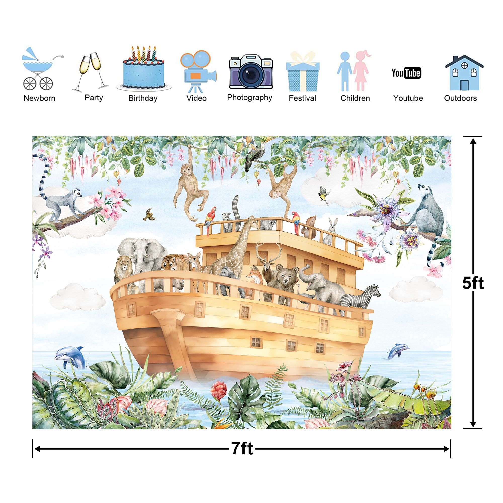 Glawry Noah'S Ark Backdrop For Photography 7Wx5H Feet Cartoon Woodland Animal Safari Jungle Tropical Leaves Plant Newborn Baby S